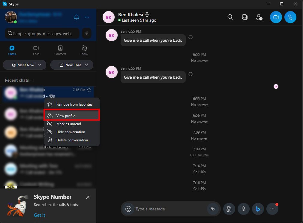 Captura de tela mostrando a interface do Skype com foco em um contato específico.  A opção ‘Ver perfil’ desta pessoa está destacada em vermelho para facilitar a identificação.