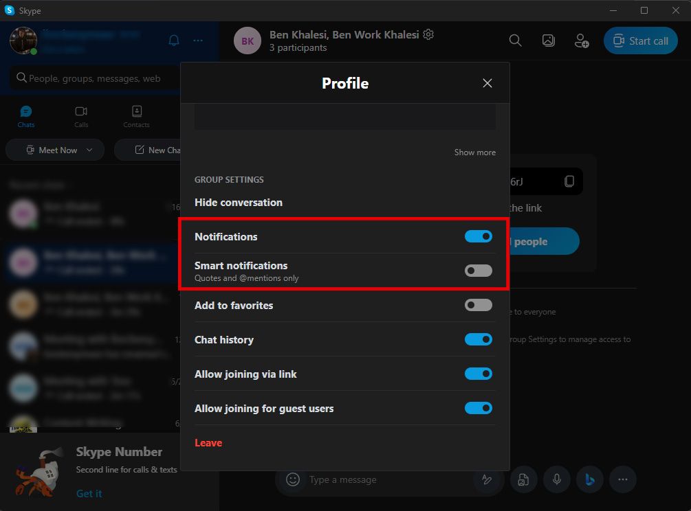 Captura de tela mostrando a seção de configurações de perfil de um bate-papo em grupo no Skype, com o recurso ‘Notificação’ claramente destacado.