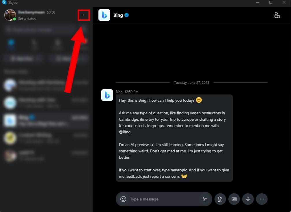 Captura de tela da tela inicial do aplicativo Skype mostrando uma interface de usuário com um menu de navegação.  No canto superior direito, há um ícone de perfil, ao lado do qual estão três pontos alinhados horizontalmente.  Esses pontos são destacados em vermelho para indicar seu significado ou seleção.