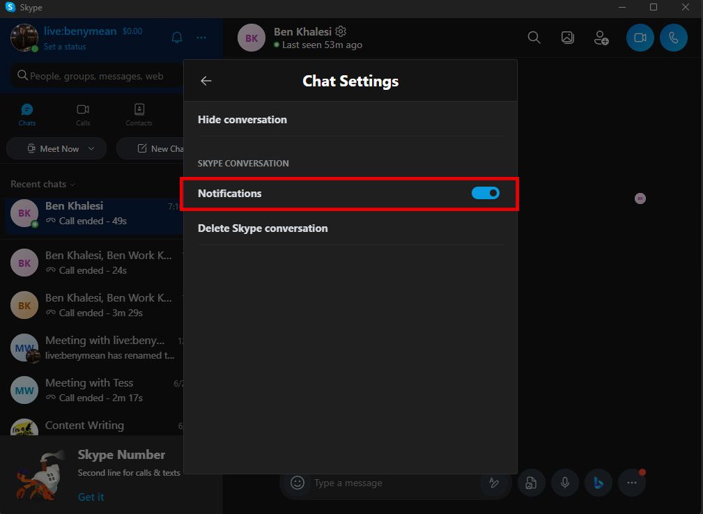 Captura de tela que mostra a seção Configurações de bate-papo da interface do Skype de um usuário, onde a opção ‘Notificação’ é especificamente destacada.