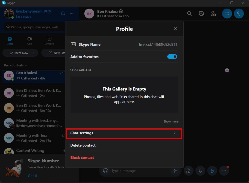 Captura de tela exibindo a seção Perfil de um usuário no Skype, com a opção ‘Configuração de bate-papo’ destacada em destaque.