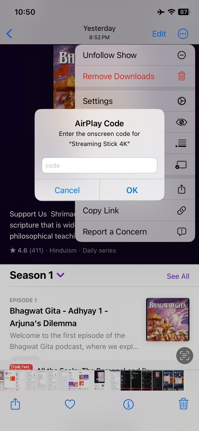 Insira o código AirPlay no iPhone
