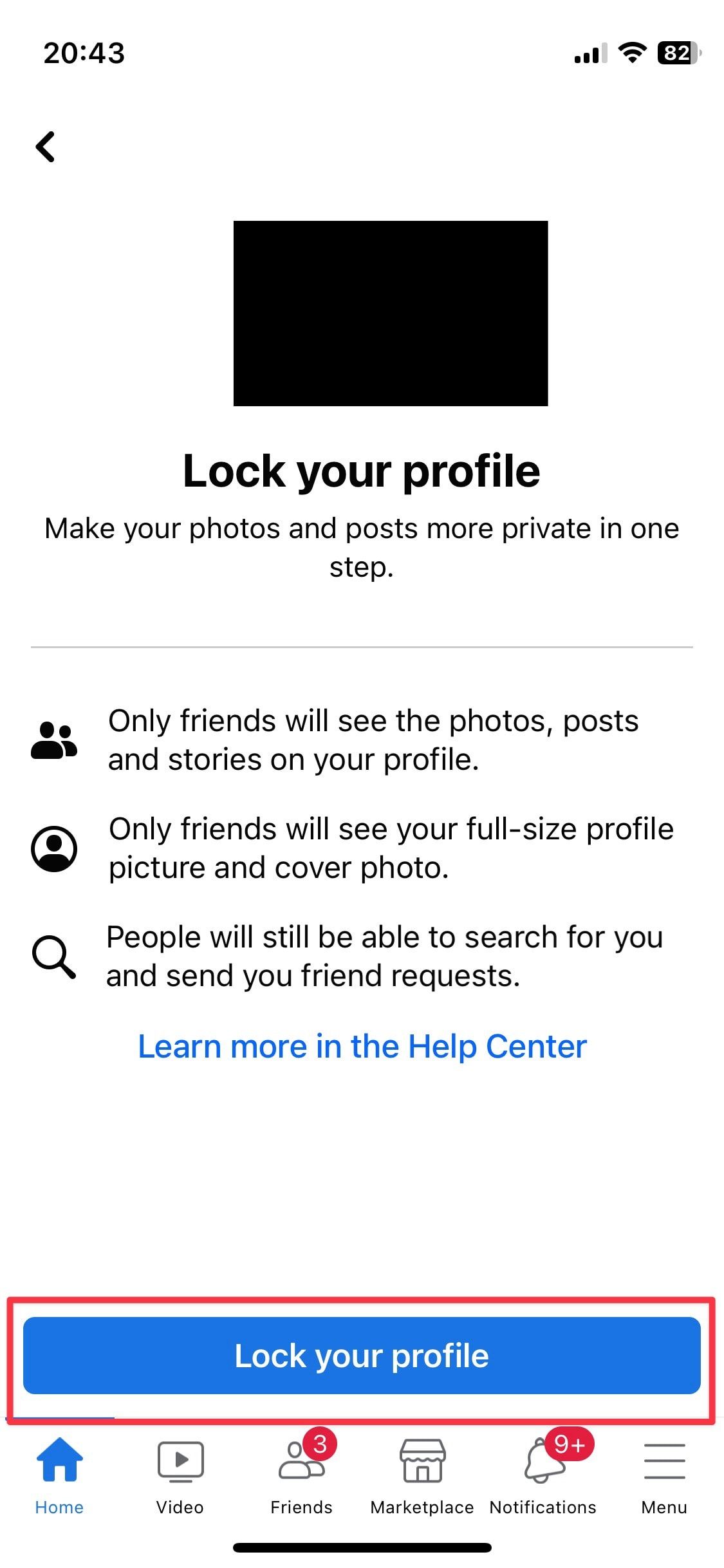 Captura de tela do aplicativo do Facebook mostrando a opção de bloquear seu perfil