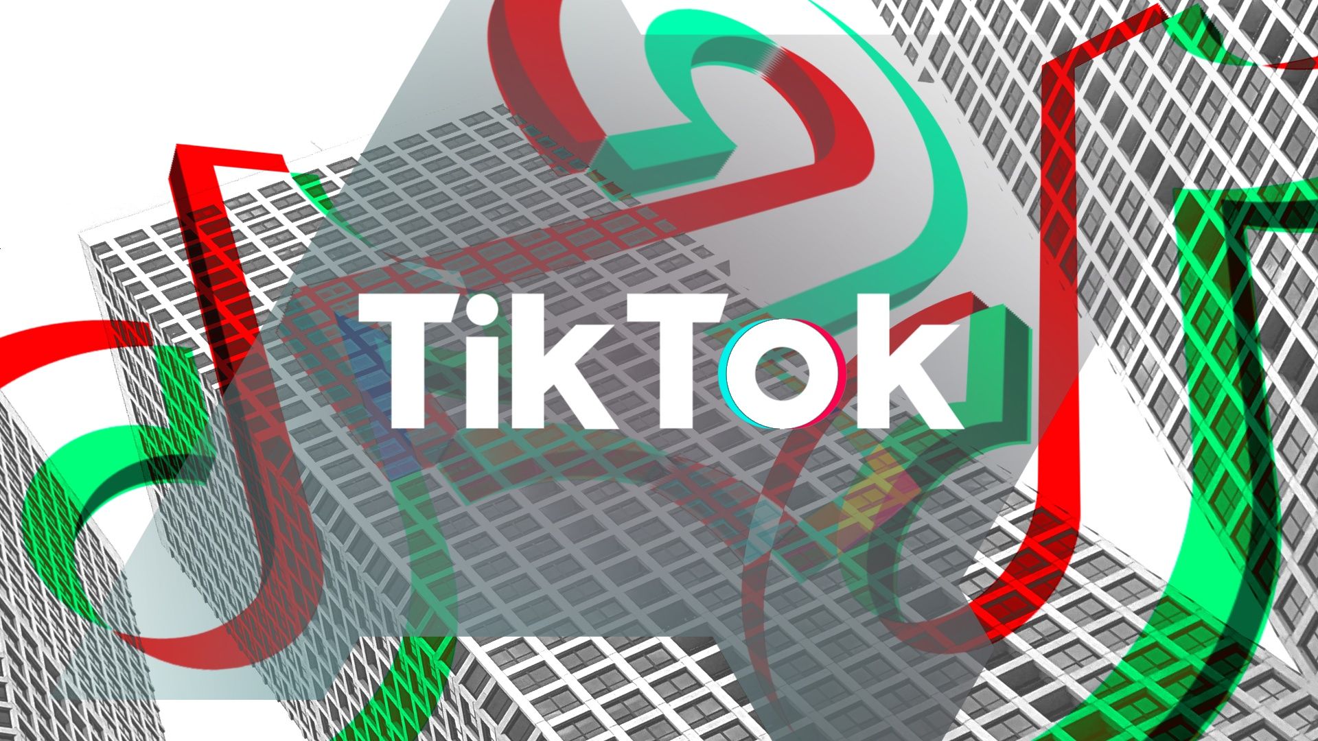 O logotipo do TikTok contra uma imagem em tons de cinza de edifícios
