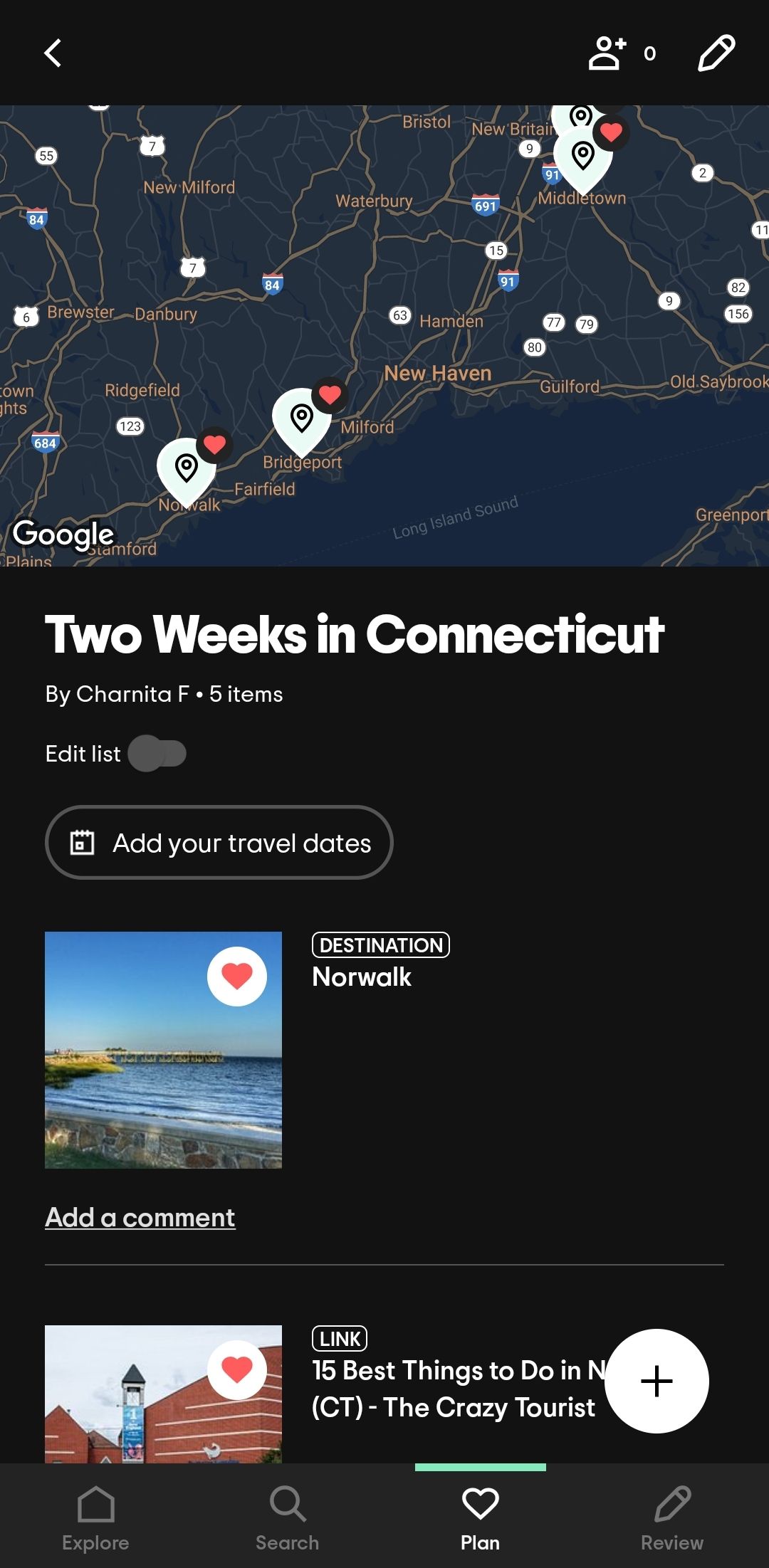 A página de viagem do aplicativo Tripadvisor mostrando uma viagem de duas semanas em Connecticut.