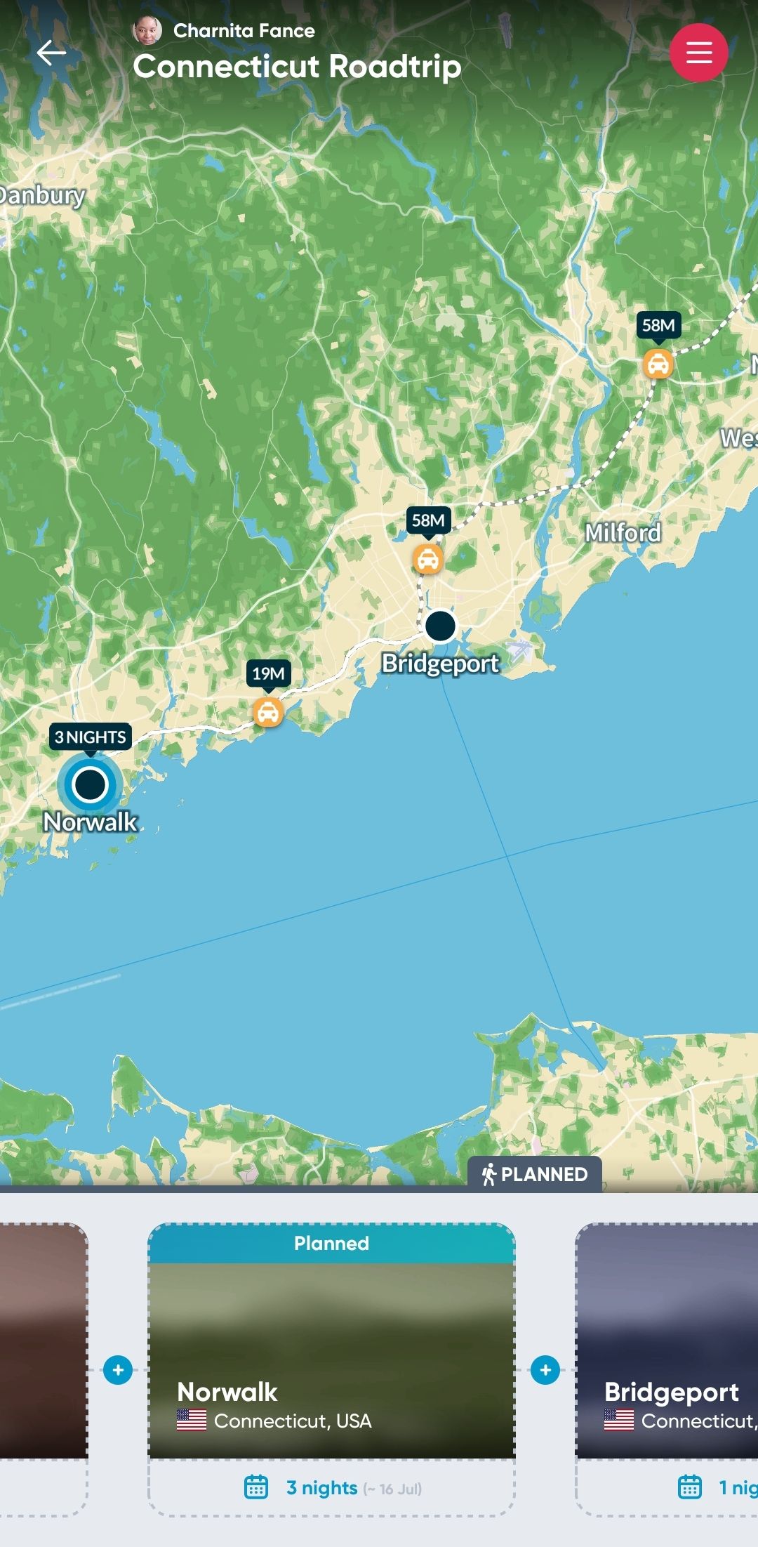 O aplicativo Android de planejador e rastreador de viagens Polarsteps mostrando um mapa de uma viagem por Connecticut.