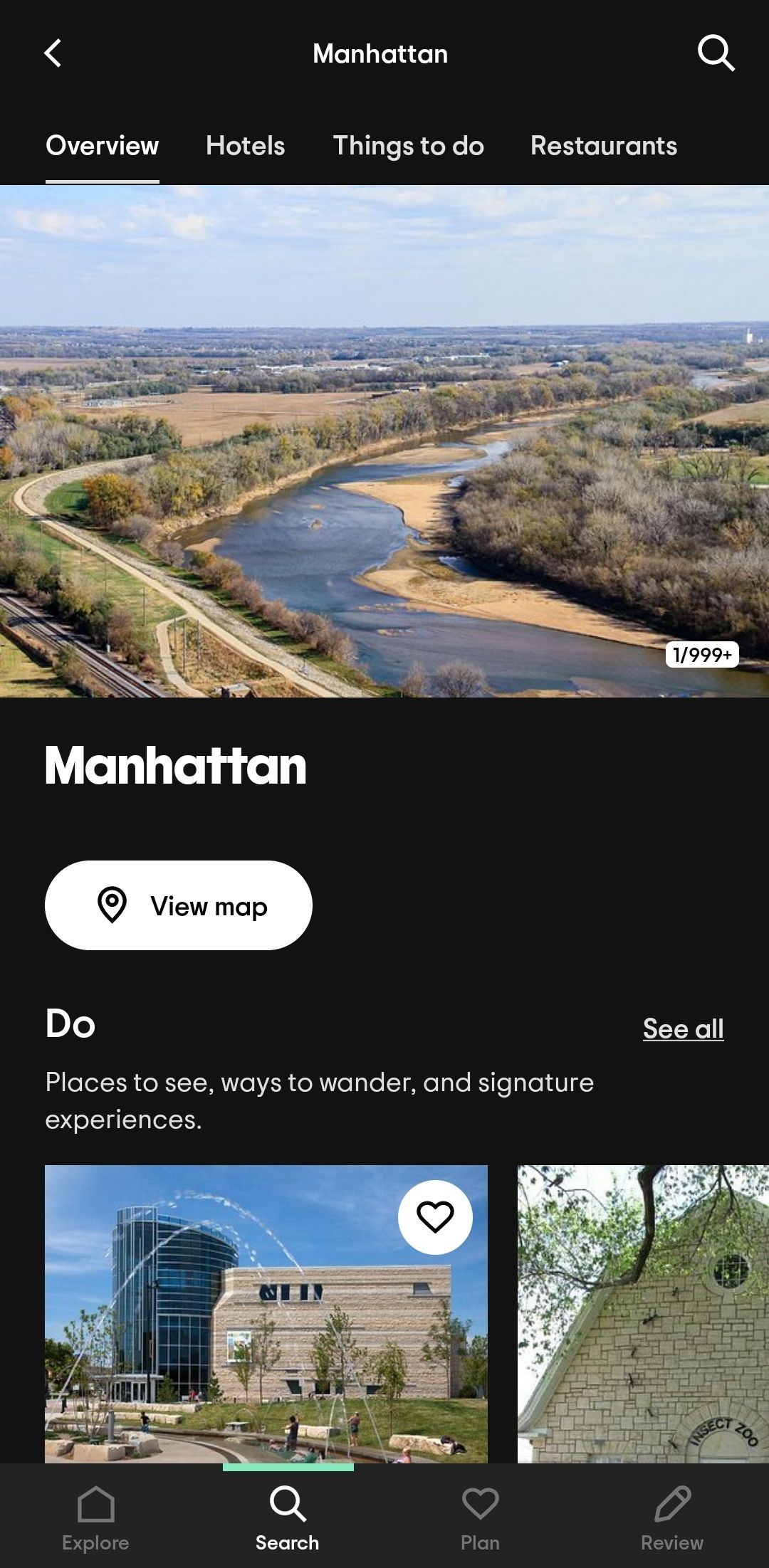 Captura de tela do aplicativo Tripadvisor mostrando uma página de visão geral de Manhattan.