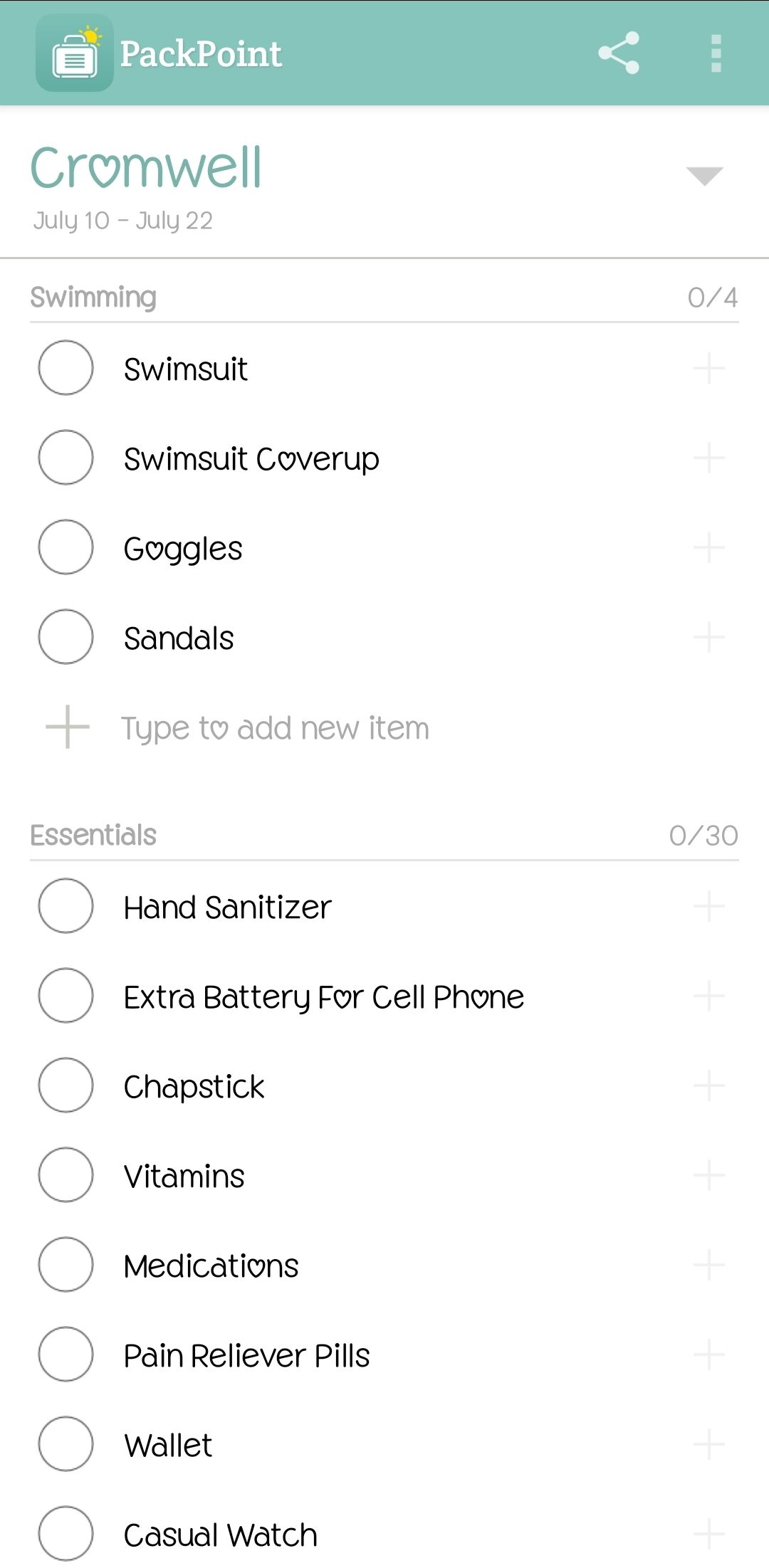 A página da lista de embalagem do aplicativo PackPoint Android.