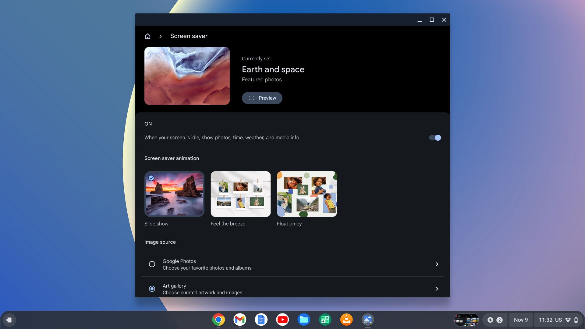 Hub de personalização do Chromebook na parte superior do menu do protetor de tela