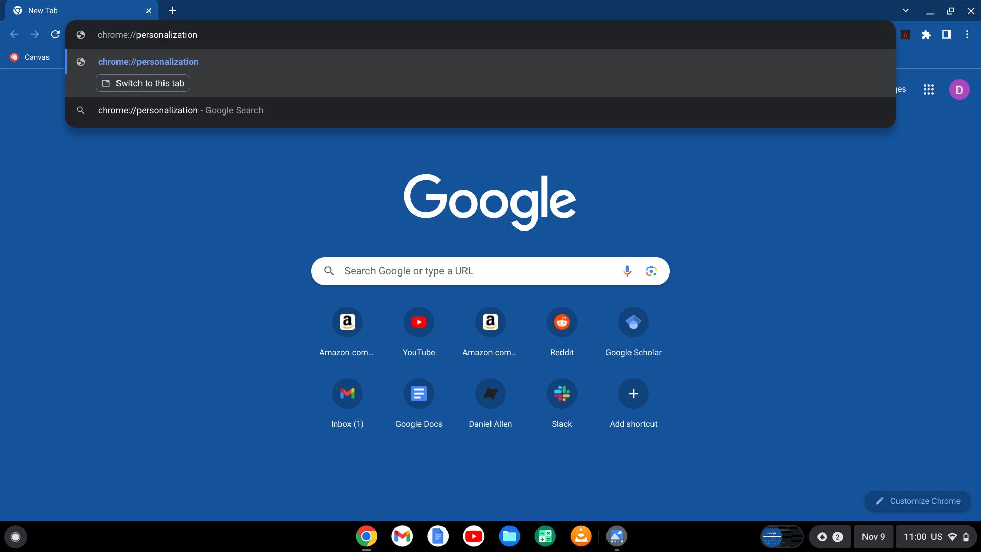 Chromebook Navegador Chrome navegando até o Personalization Hub