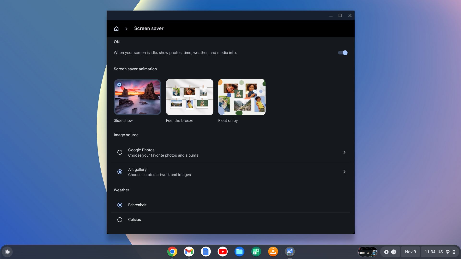 Hub de personalização do Chromebook na parte inferior do menu do protetor de tela