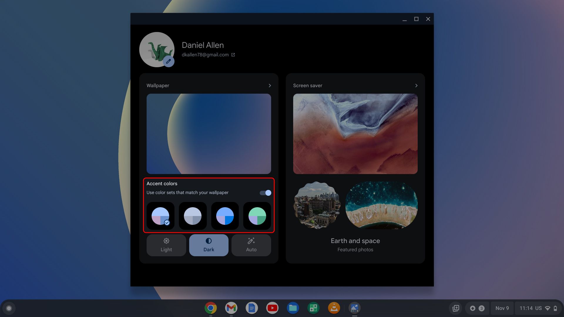 Hub de personalização do Chromebook destacando as cores de destaque