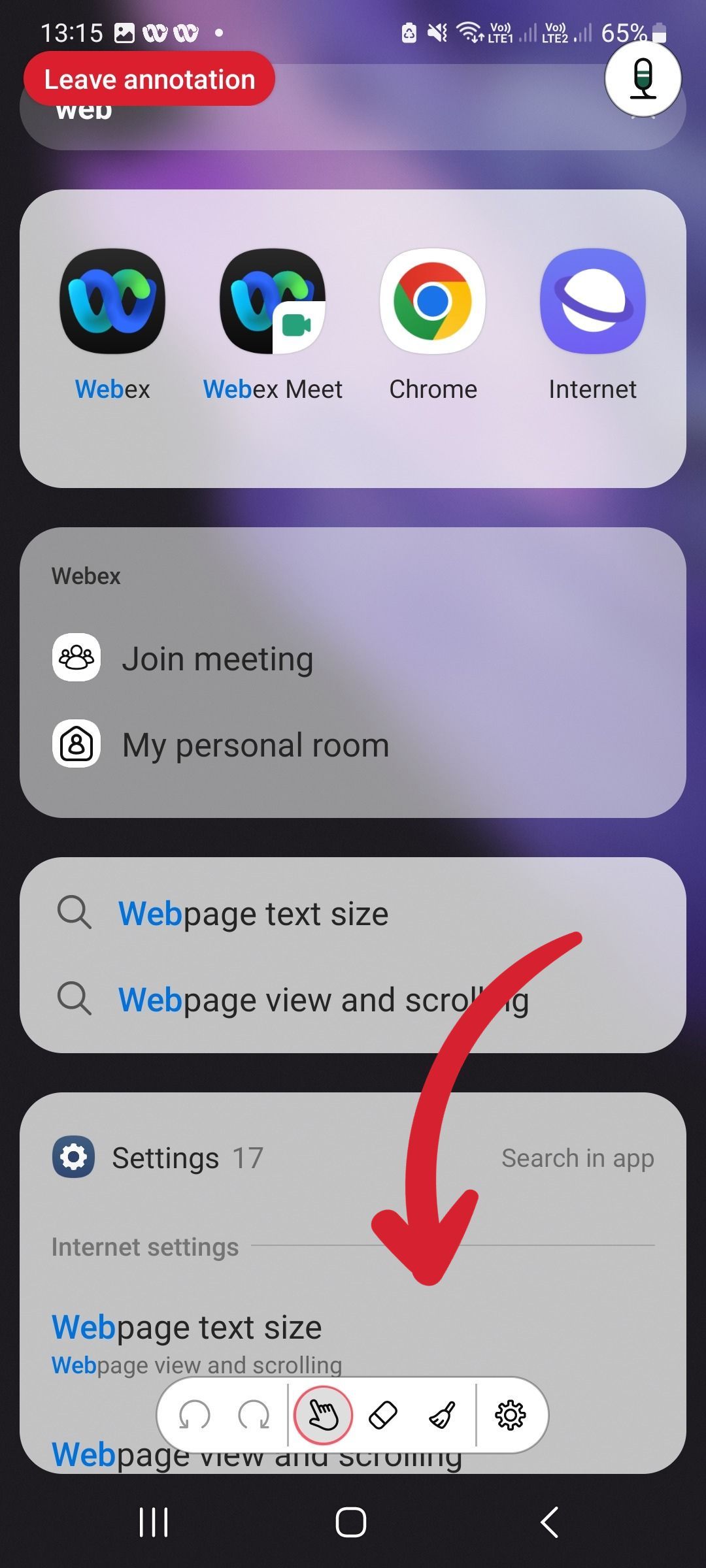 Captura de tela da barra de ferramentas de anotação do aplicativo móvel Webex