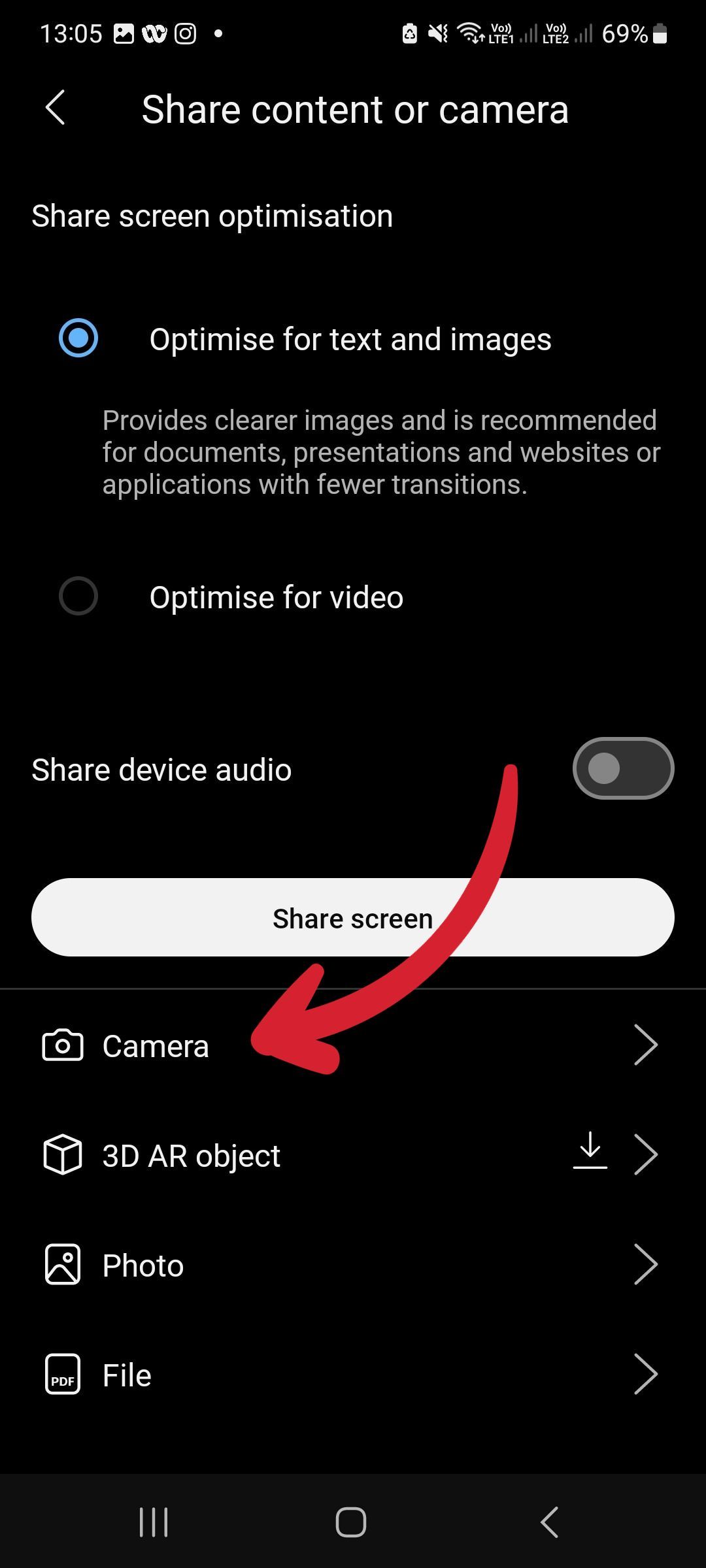 Captura de tela da opção de menu de câmera de compartilhamento do aplicativo móvel Webex