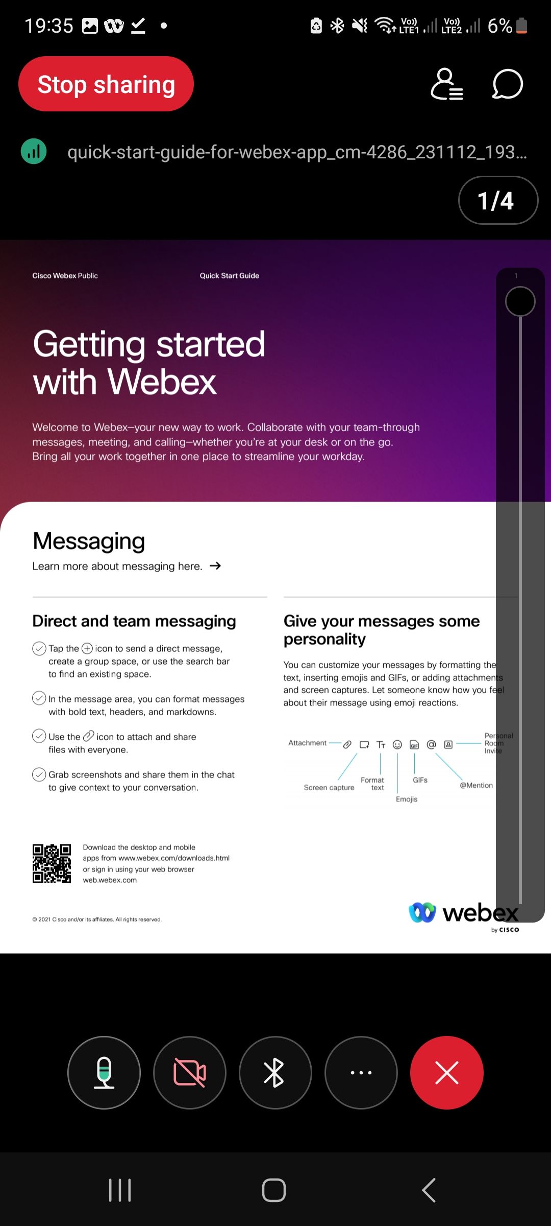Captura de tela da visualização do arquivo de compartilhamento do aplicativo móvel Webex