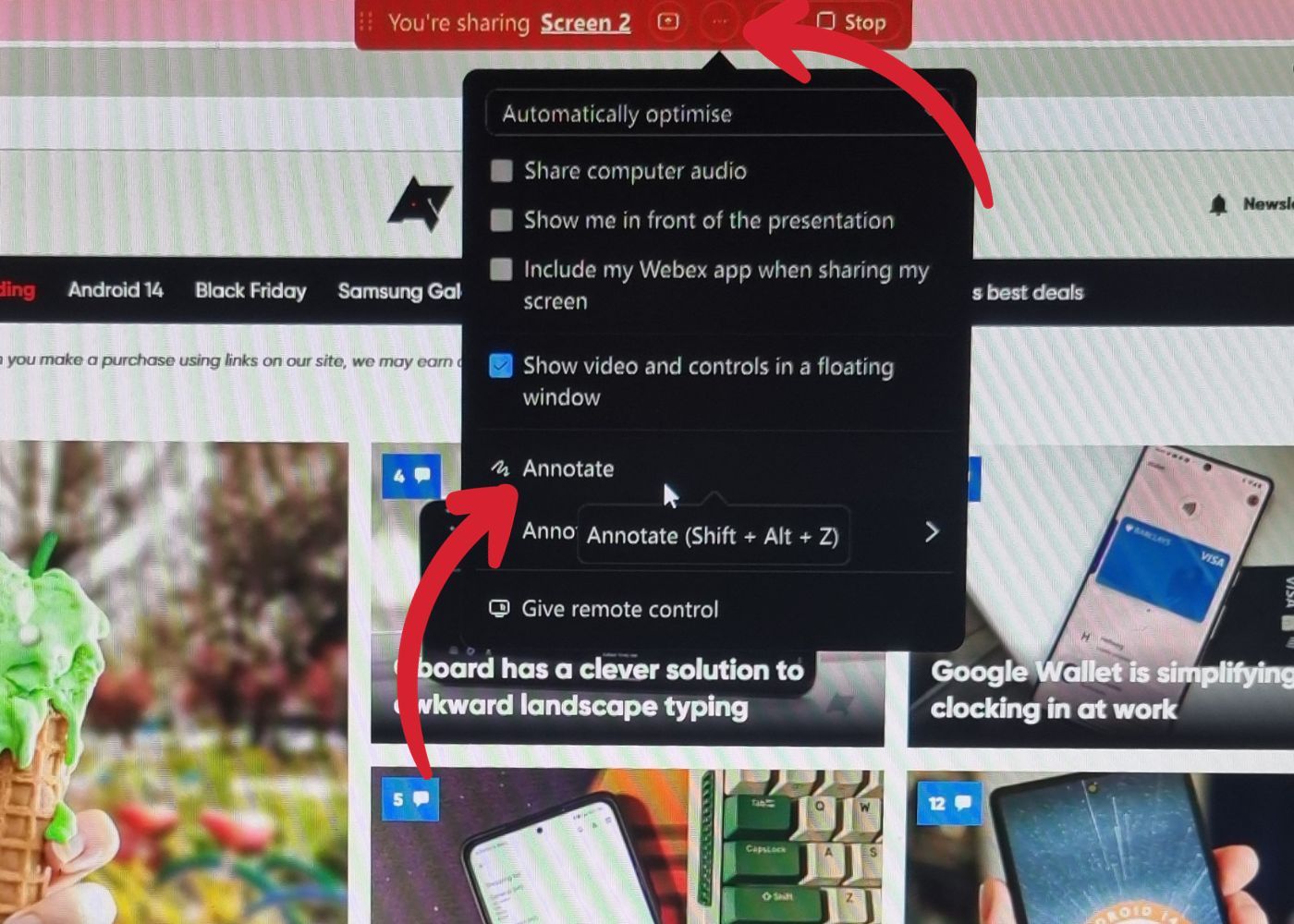 Foto da barra de controle de compartilhamento de tela do aplicativo de desktop Webex com a opção de anotação destacada