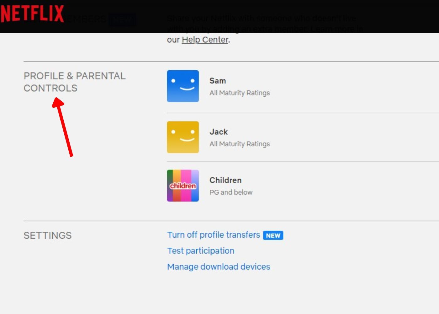 Uma captura de tela do aplicativo Netflix por meio de um navegador que indica onde está a seção de perfil e controle dos pais.