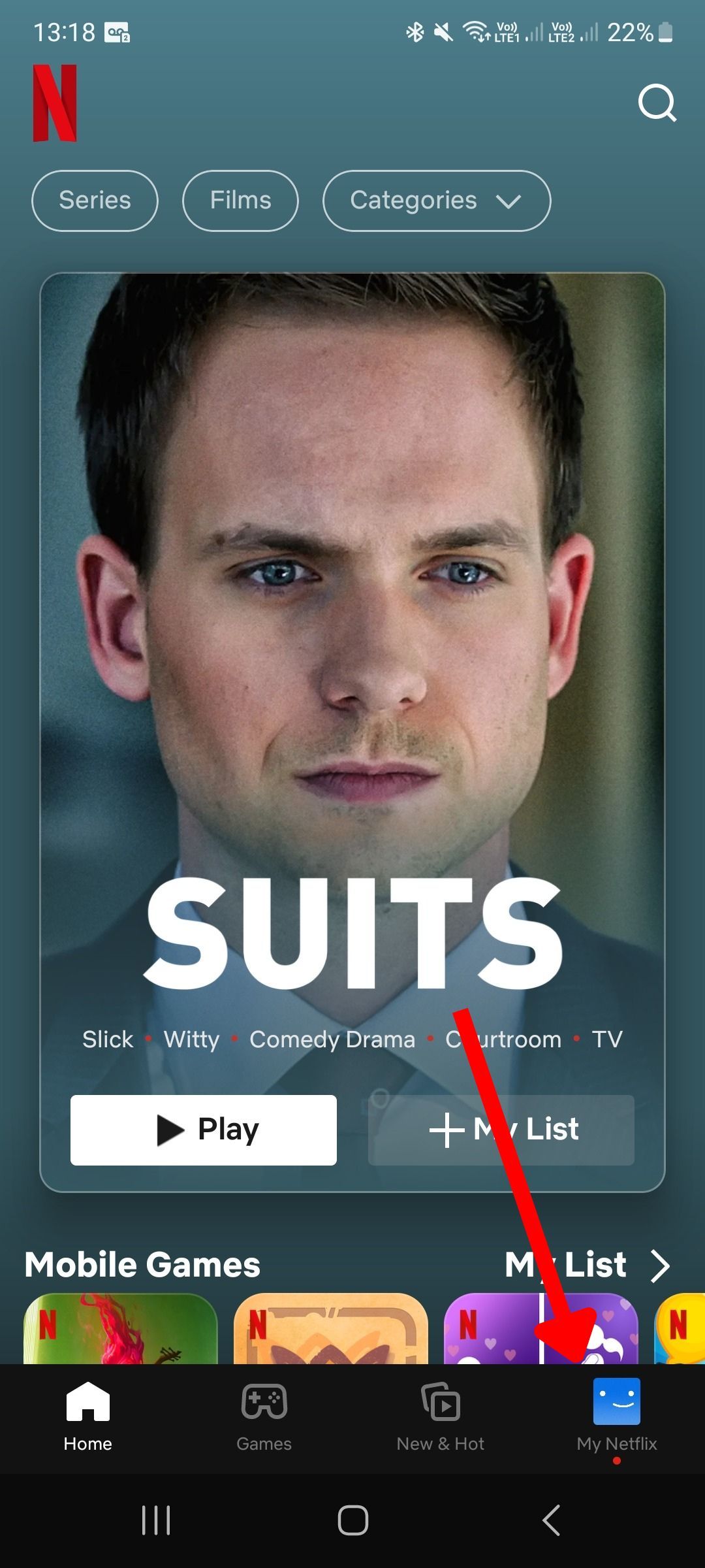 Captura de tela do aplicativo móvel Netflix com uma seta apontando para o ícone do perfil na tela inicial 