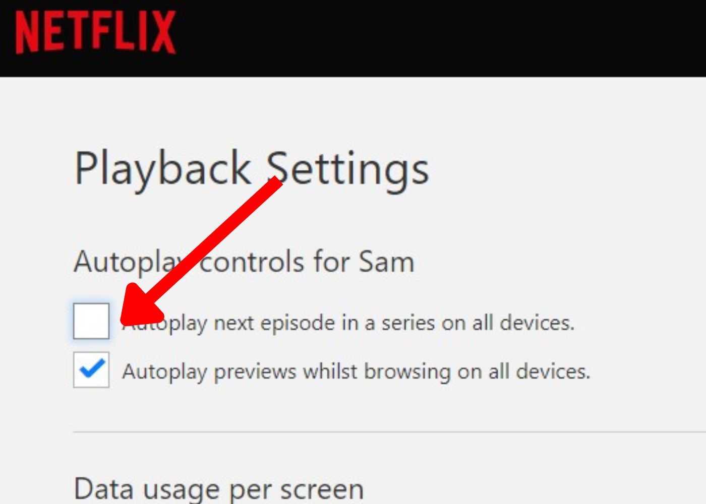 captura de tela das configurações do Netflix com uma seta apontando para as visualizações de reprodução automática no aplicativo para desktop
