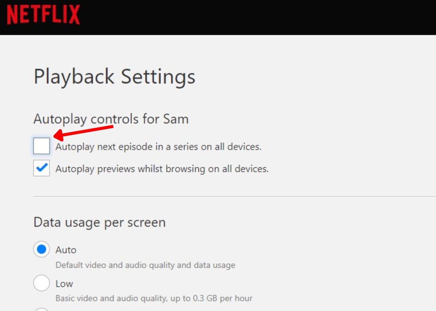 A opção de alternância de reprodução automática para Netflix por meio de um navegador
