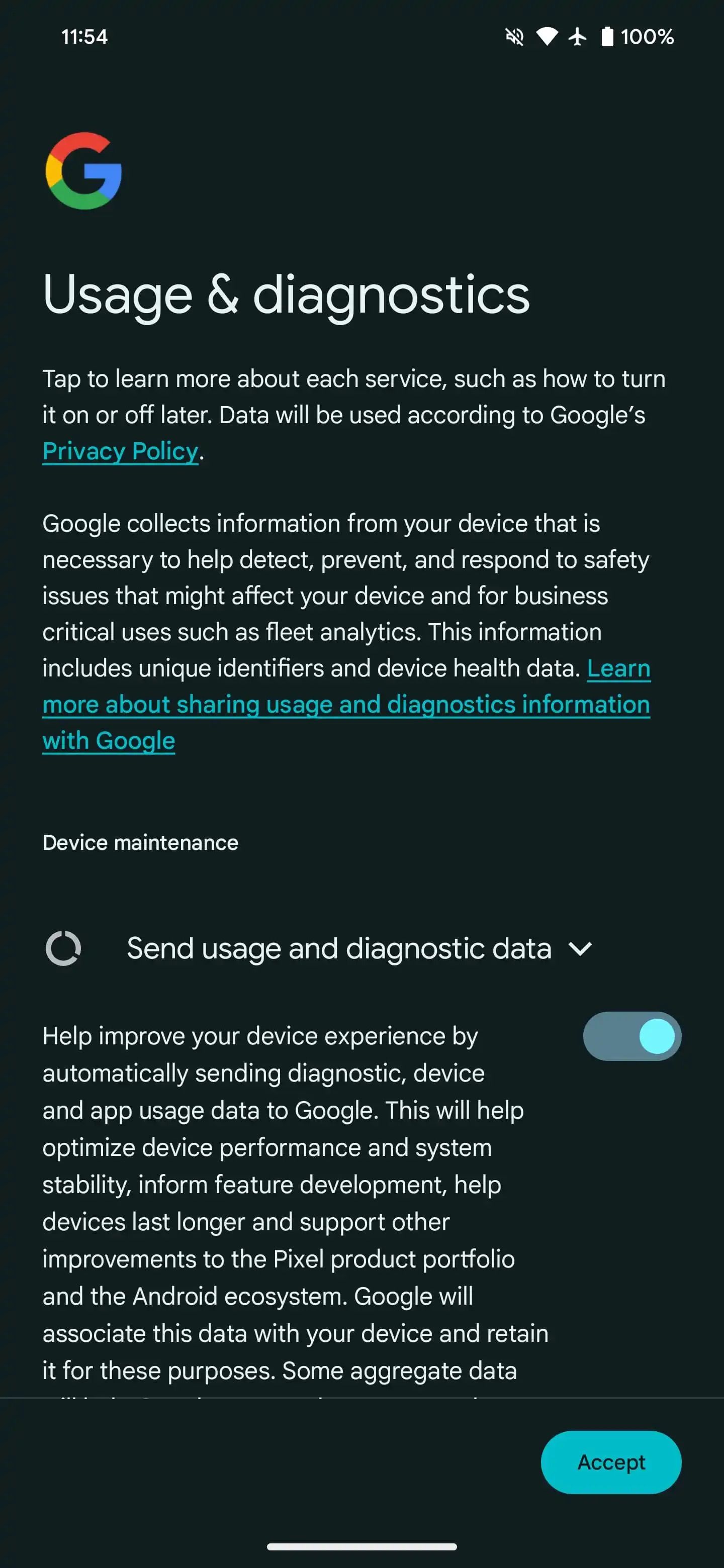 Banner de uso e diagnóstico do Android 14 QPR2
