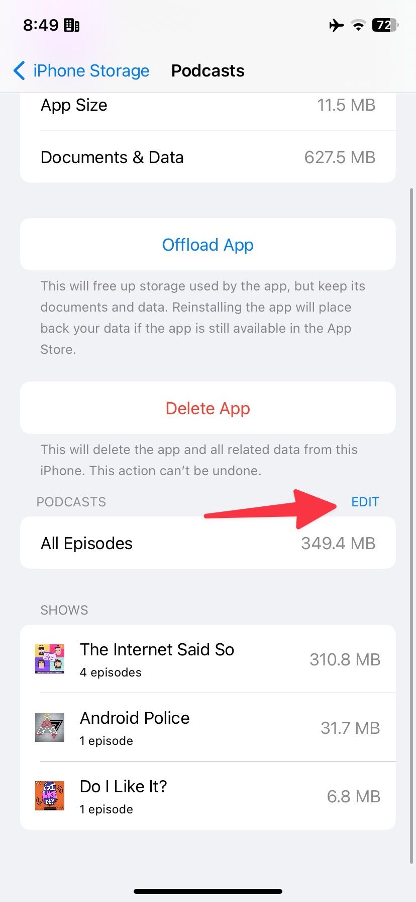 editar armazenamento de podcast no iPhone