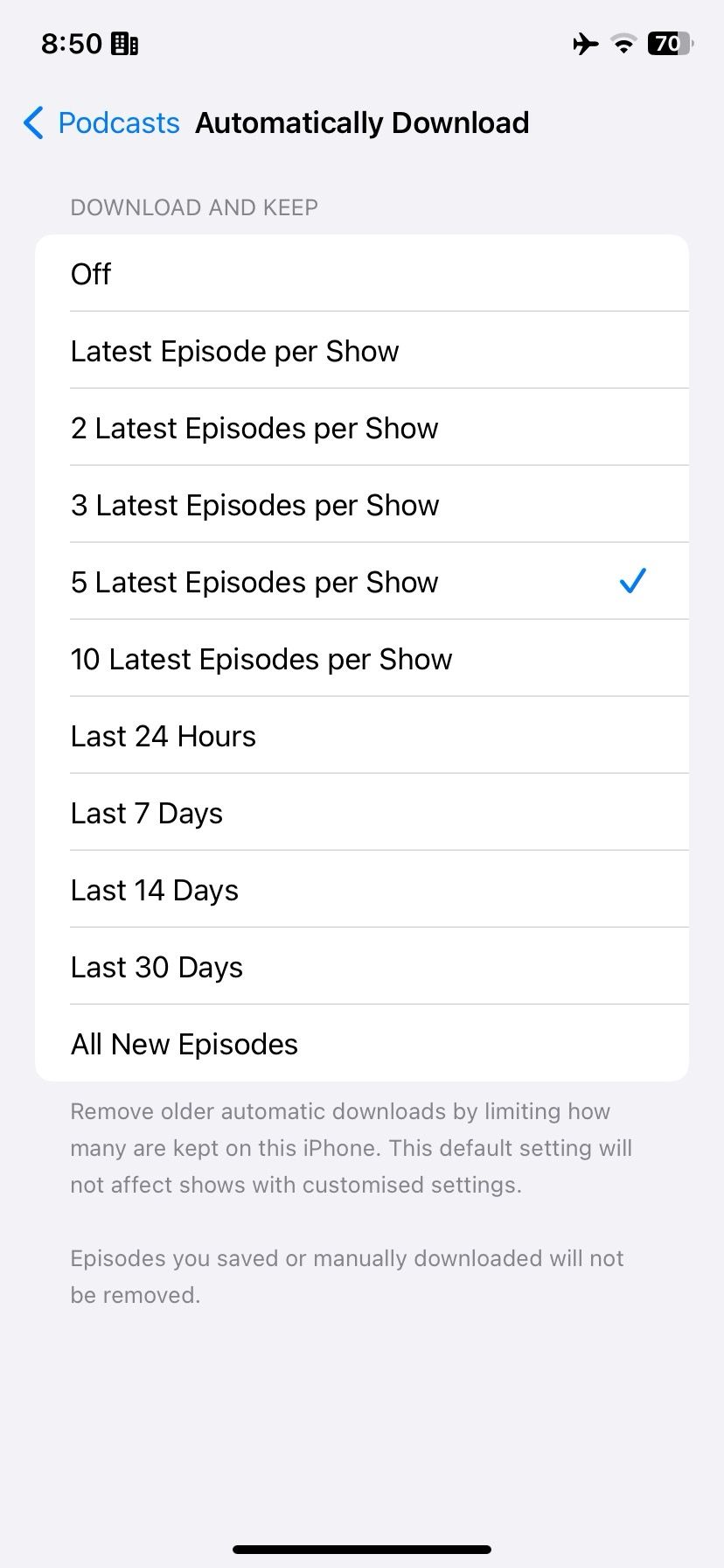 configurações automáticas de podcast no iPhone