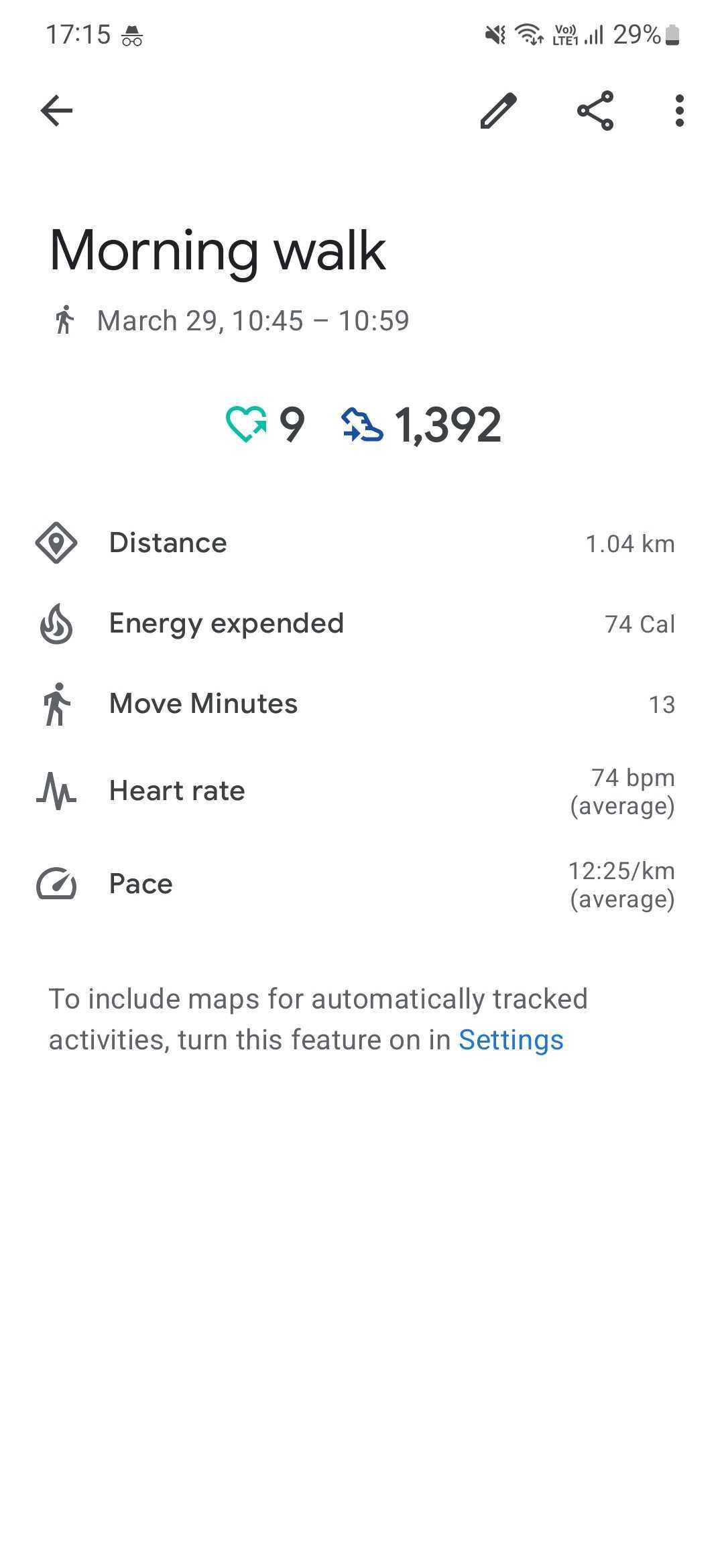Captura de tela do app Google Fit mostrando os detalhes de uma atividade