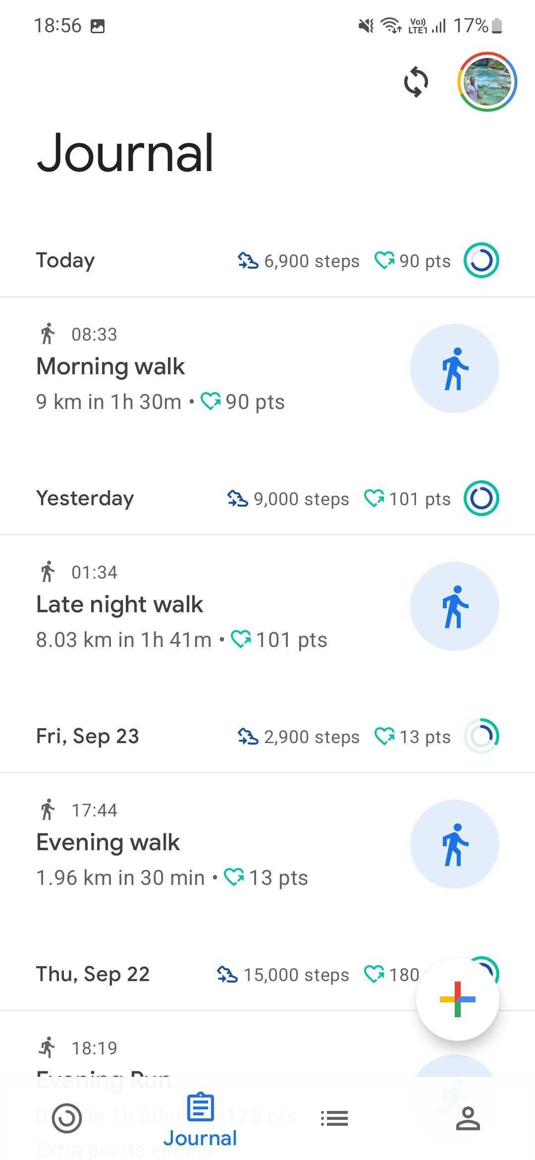 Captura de tela do app Google Fit mostrando o diário de atividades com treinos e exercícios anteriores