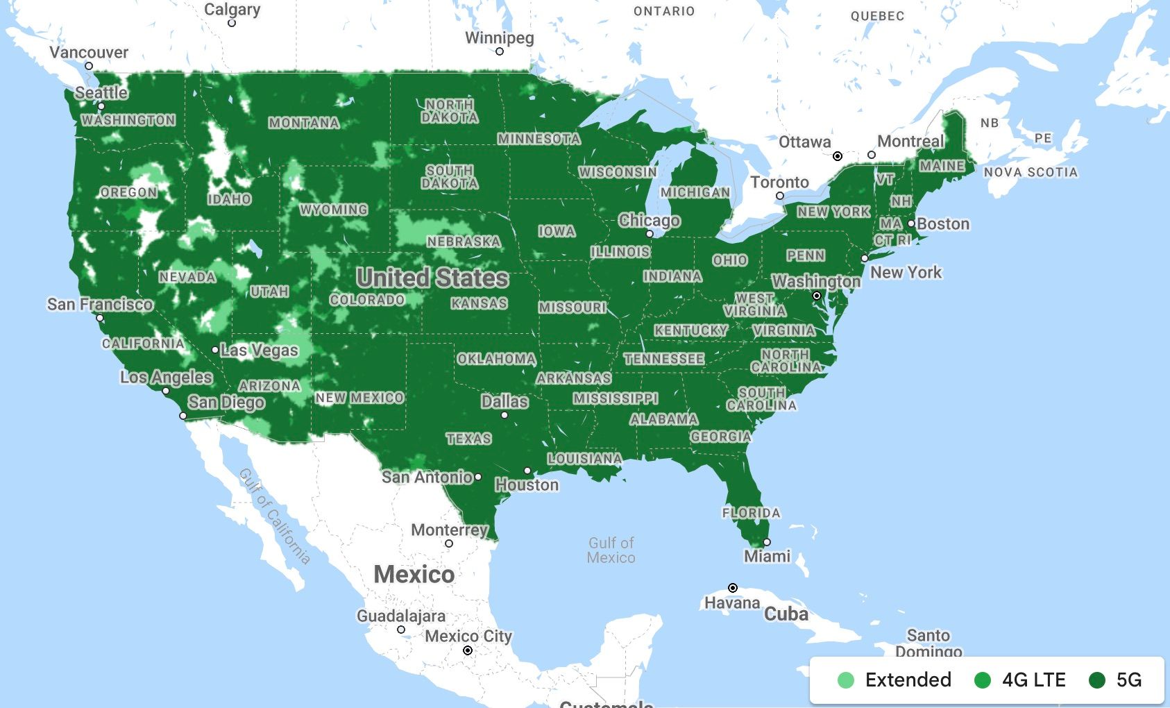 Um mapa de cobertura celular do território continental dos Estados Unidos