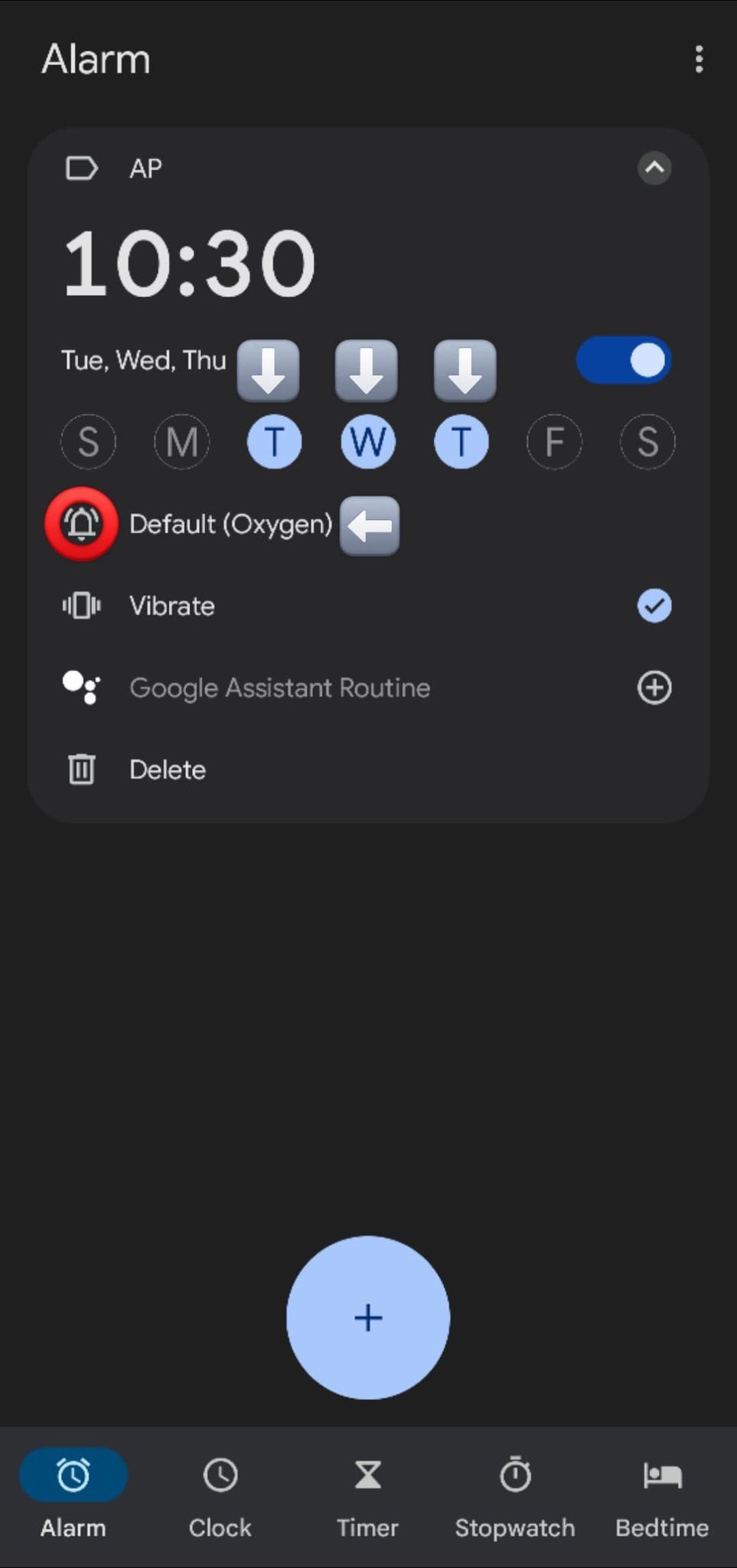 Captura de tela mostrando a programação dos dias da semana e os botões de personalização do som do alarme.