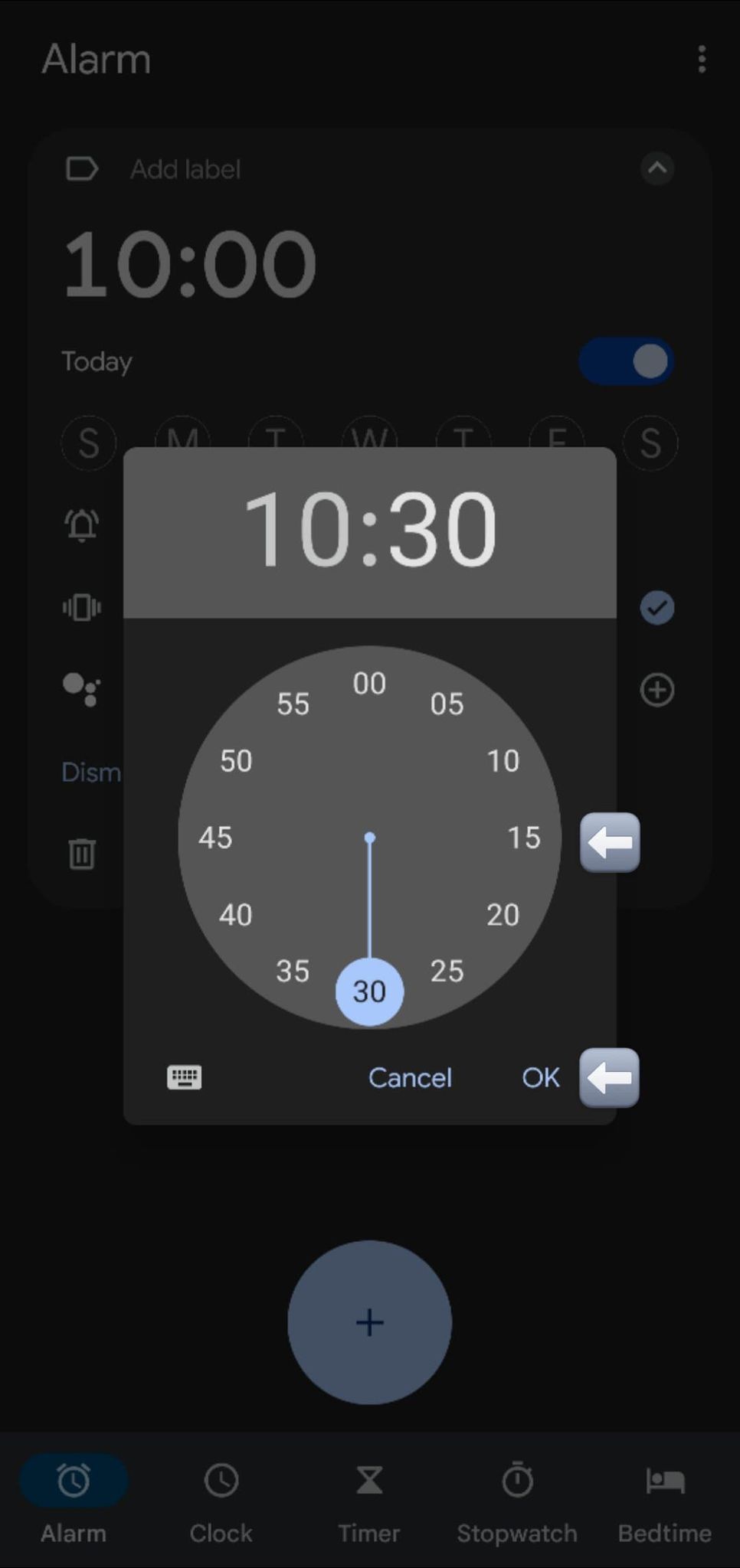 Captura de tela do ajuste da hora definida para o alarme.