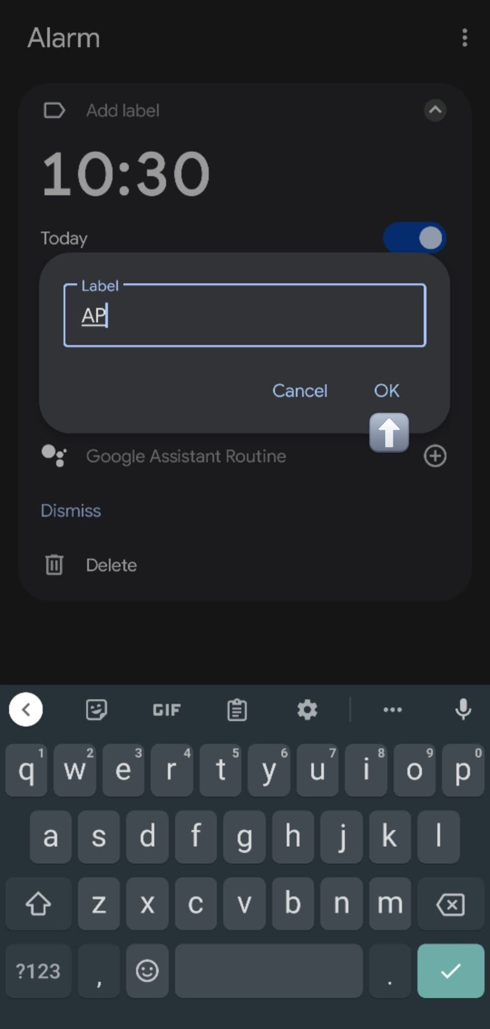 Captura de tela mostrando a adição de um rótulo para um alarme.