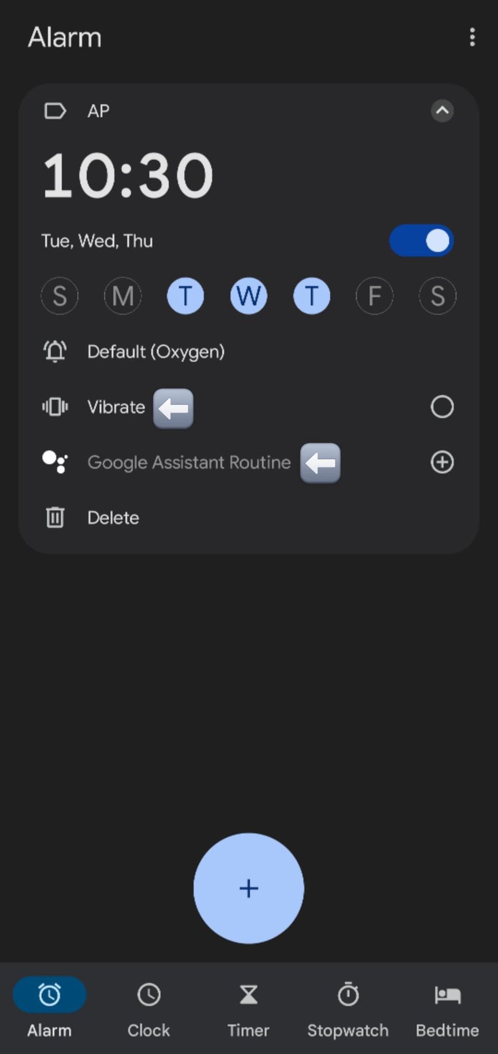 Captura de tela mostrando a alternância de vibração e os botões de personalização do Google Assistente.