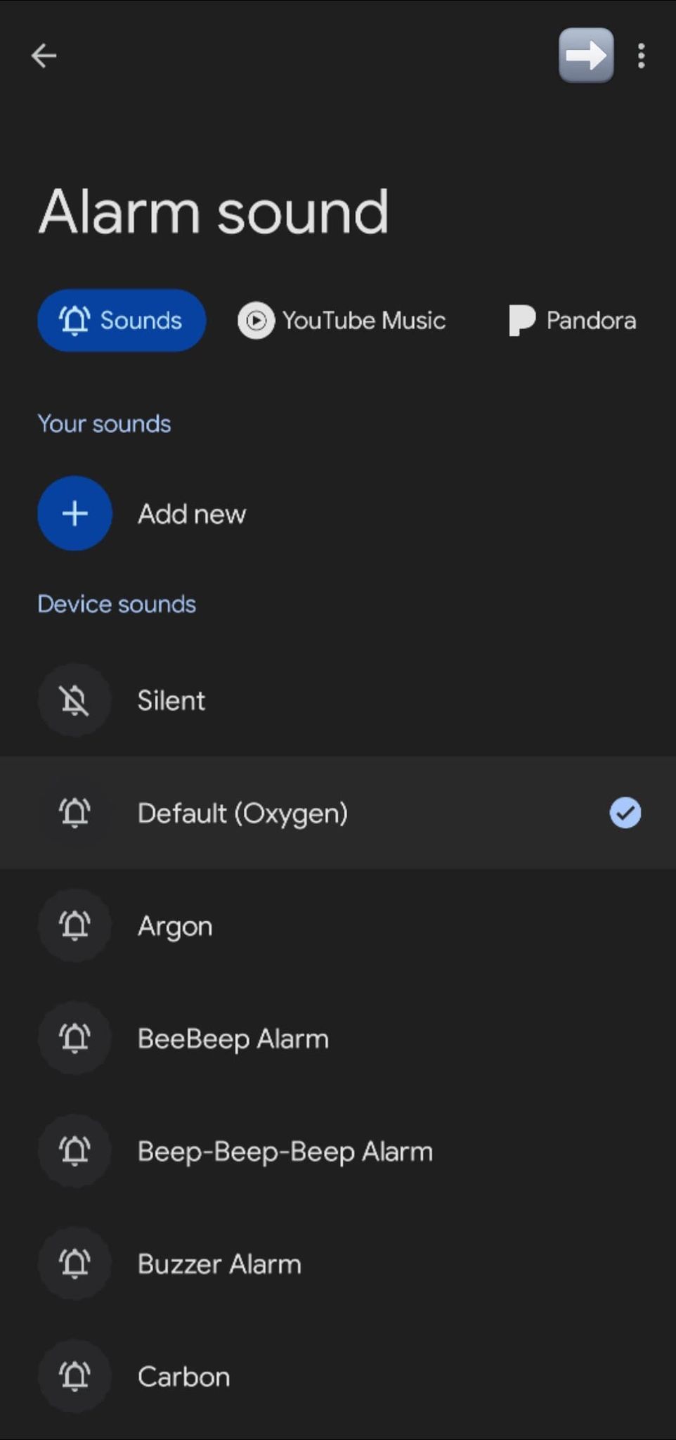 Captura de tela mostrando opções de som de alarme (opções de relógio, Spotify, etc.).