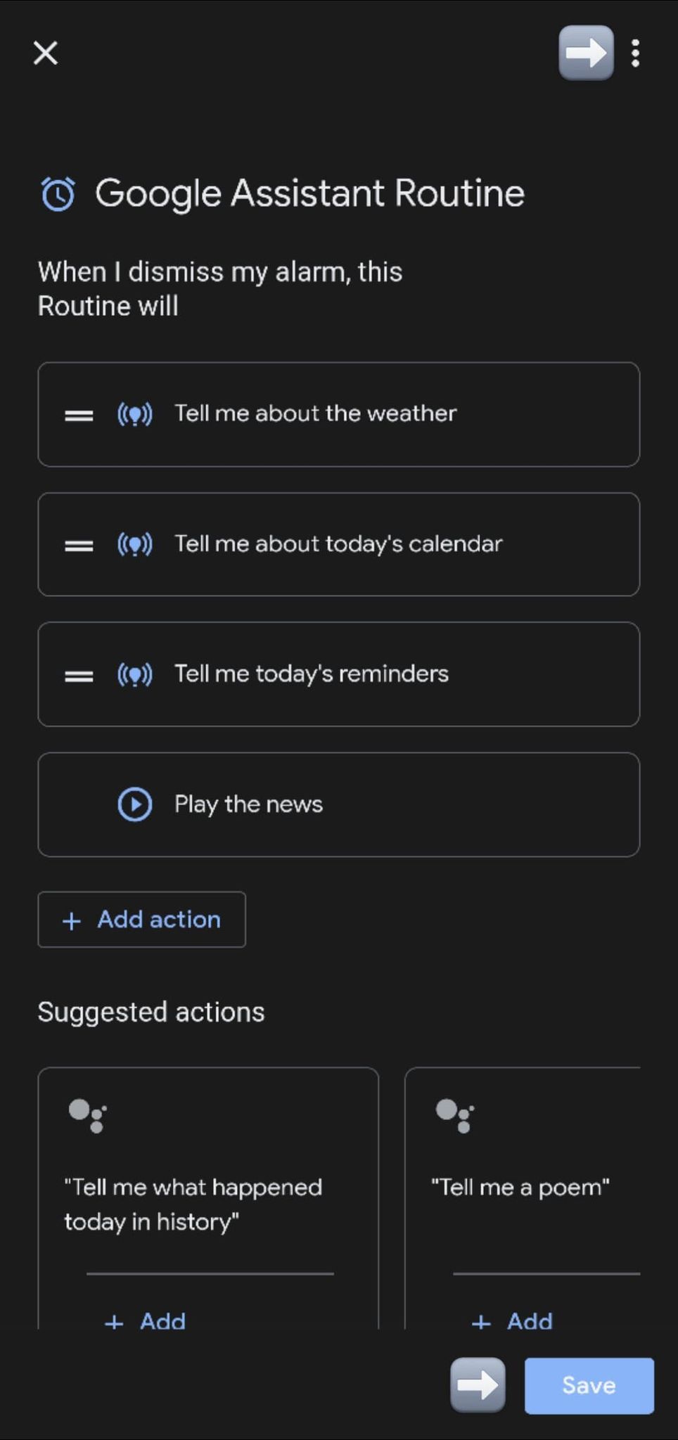 Captura de tela mostrando o menu de personalização de alarmes de rotina do Google Assistente do Clock.