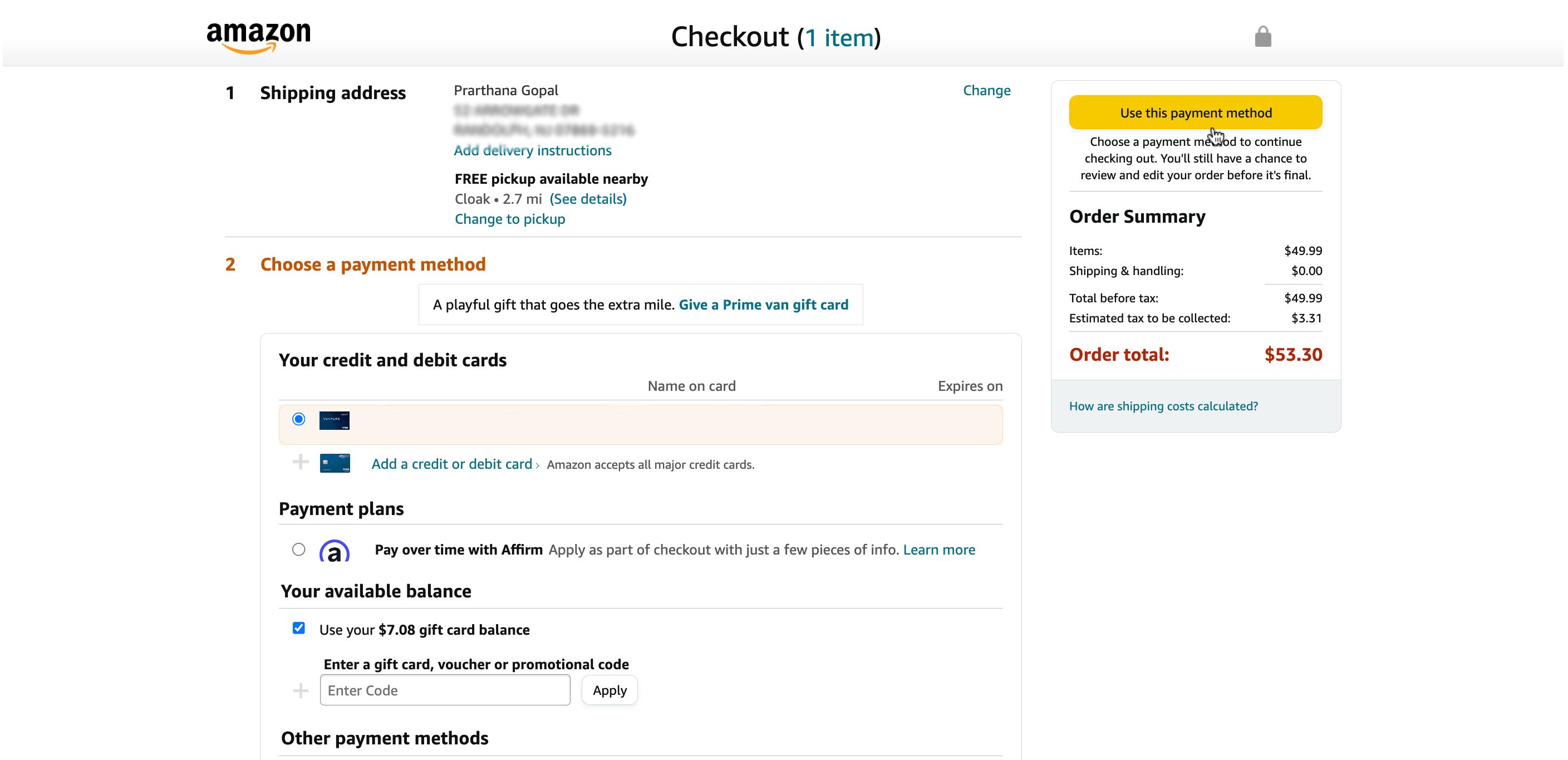 Verifique o endereço de entrega e a forma de pagamento na Amazon