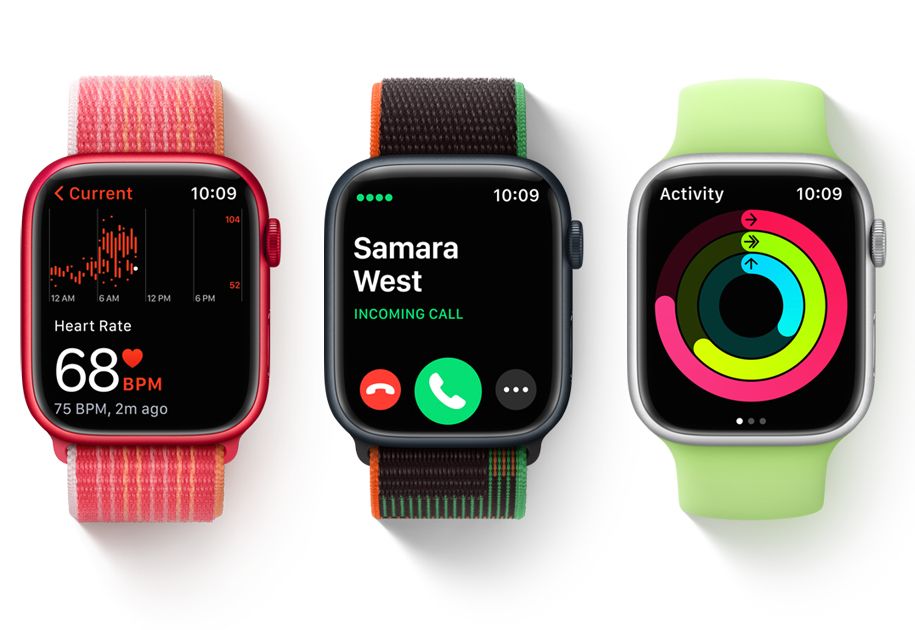 Três aplicativos Apple Watch mostrando atividade, frequência cardíaca e chamadas.