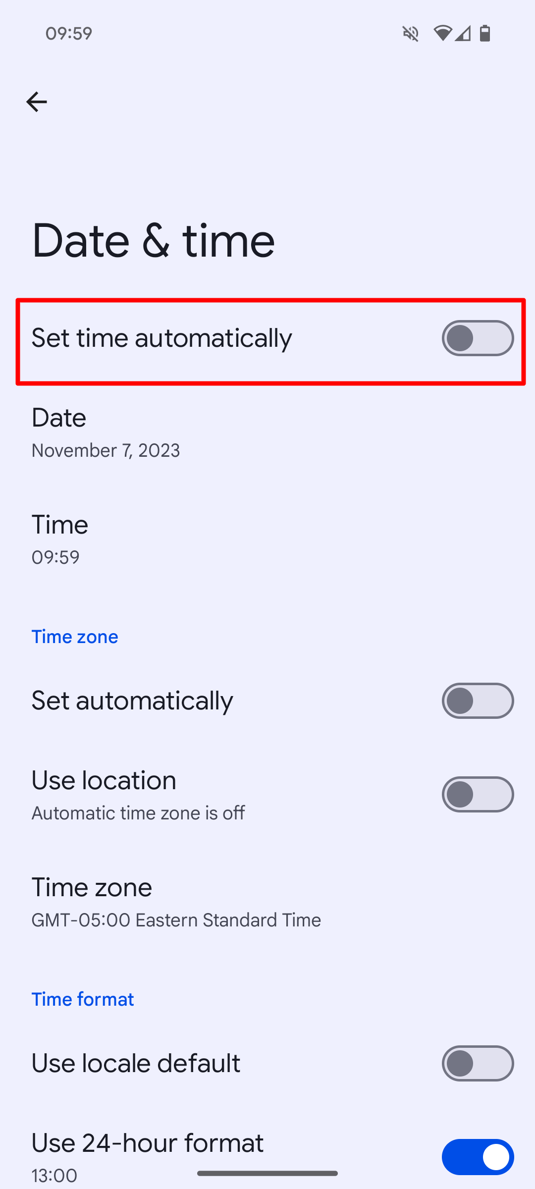 Desligue o tempo definido automaticamente nas configurações