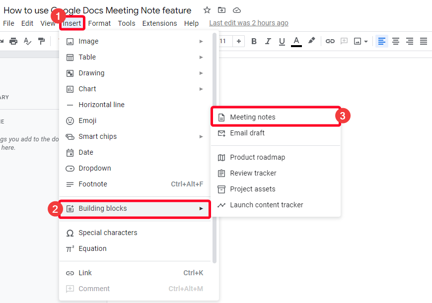 Recurso de notas de reunião no menu Inserir no Google Docs