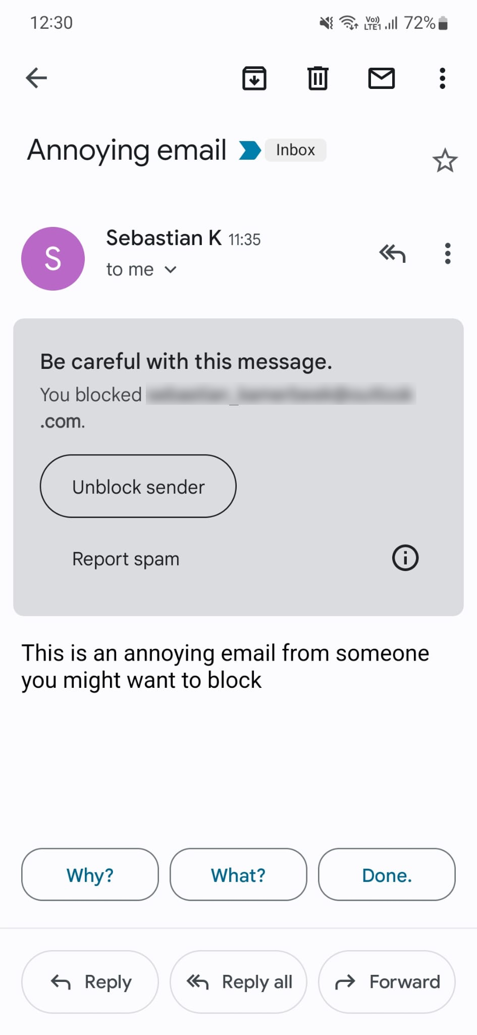 Uma notificação no aplicativo Gmail para dispositivos móveis avisando que uma mensagem é de alguém que você bloqueou