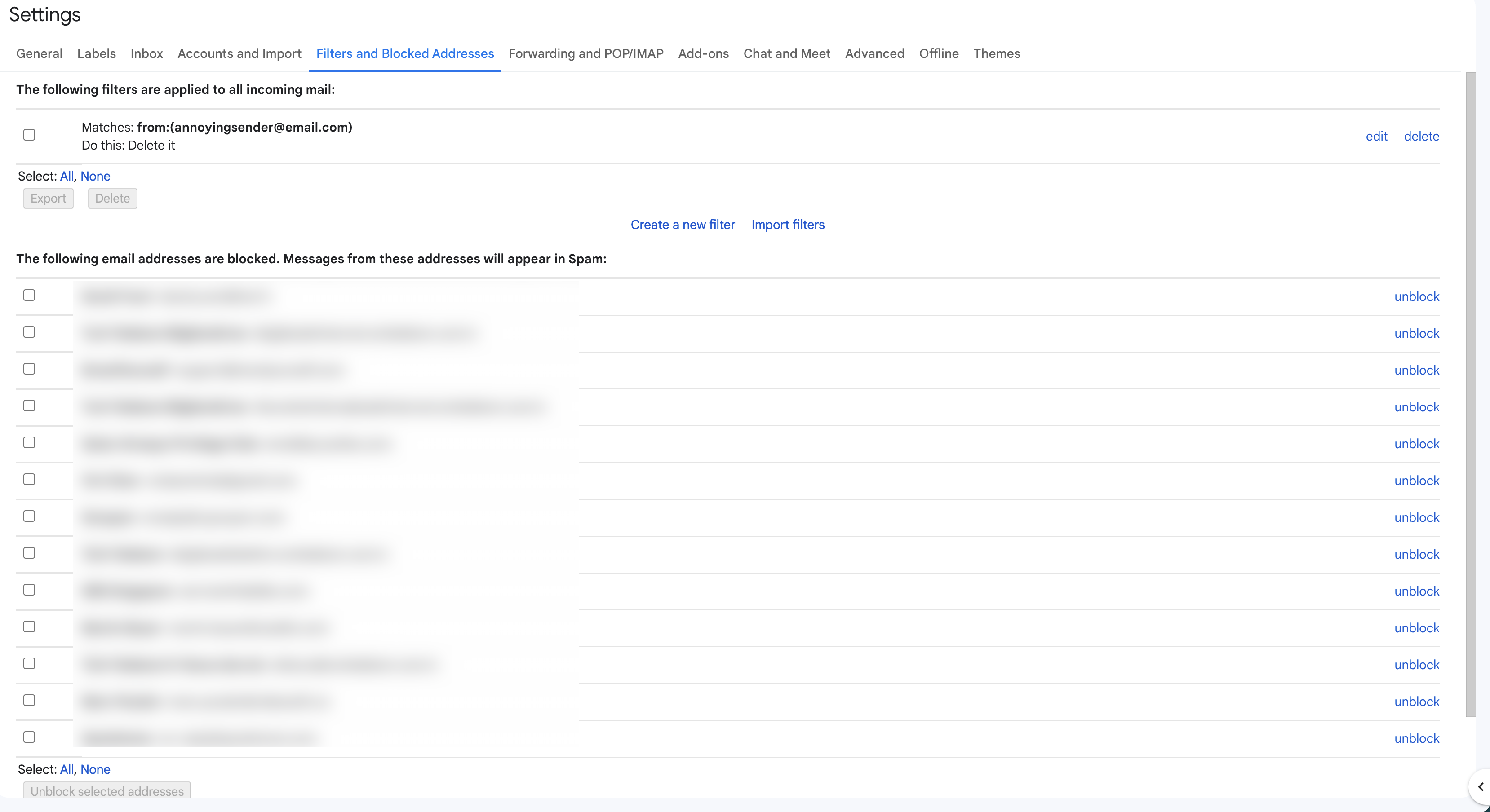 A lista de endereços bloqueados no Gmail