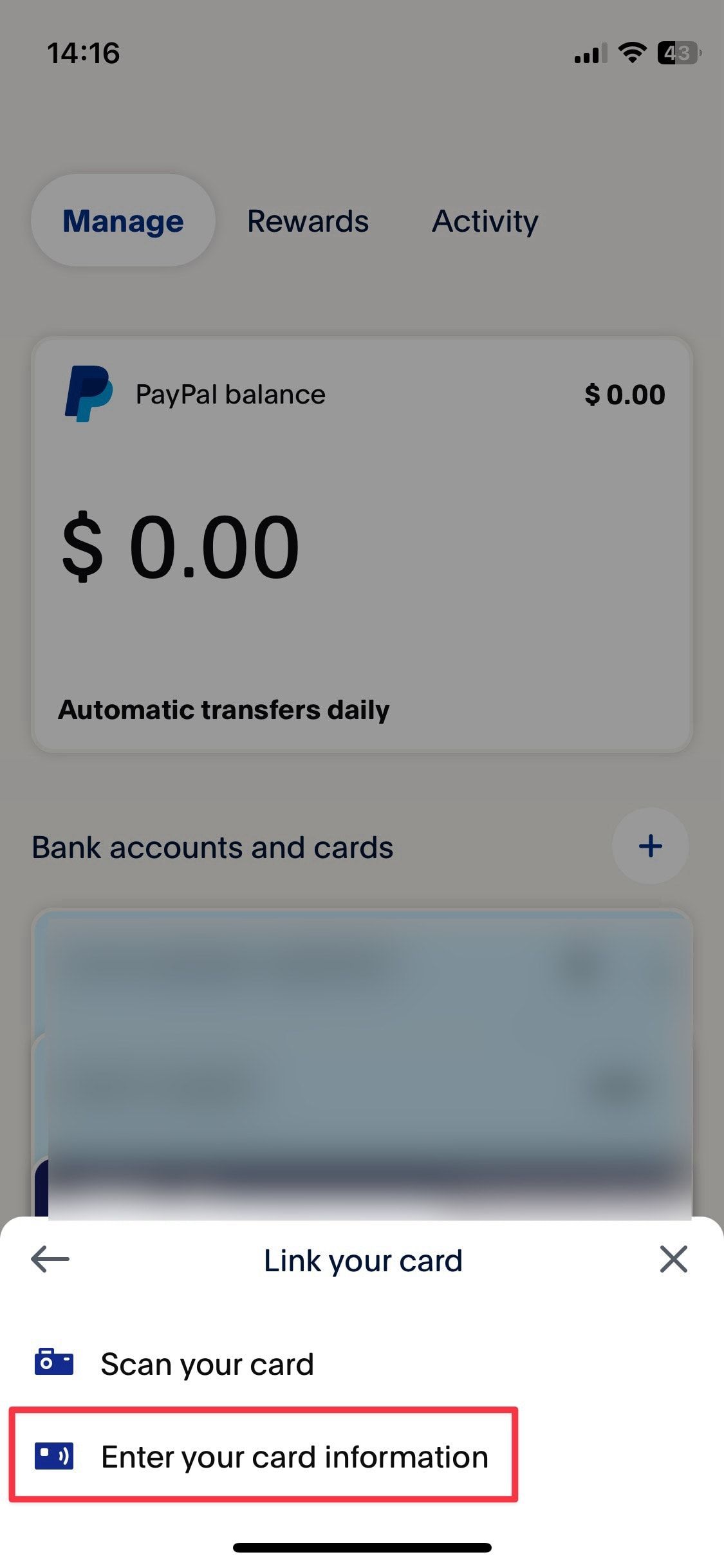 Captura de tela da página inicial do aplicativo móvel Paypal mostrando opções para adicionar cartões