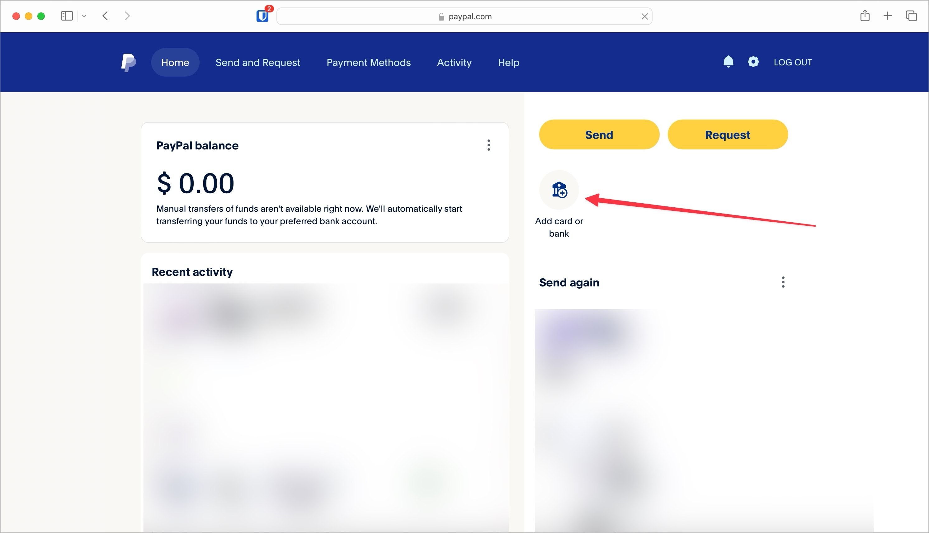 Captura de tela da página inicial do PayPal mostrando o botão adicionar banco ou cartão