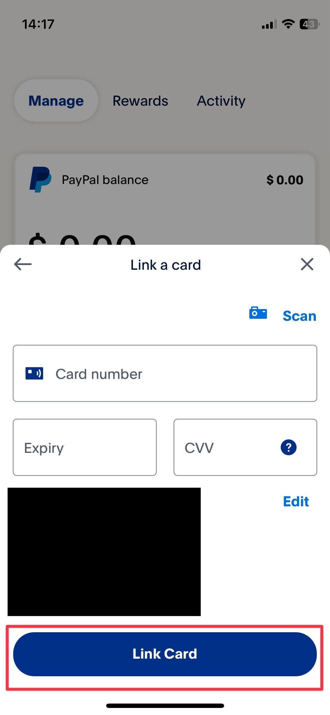 Captura de tela da página inicial do aplicativo móvel Paypal mostrando Vincular uma página de cartão