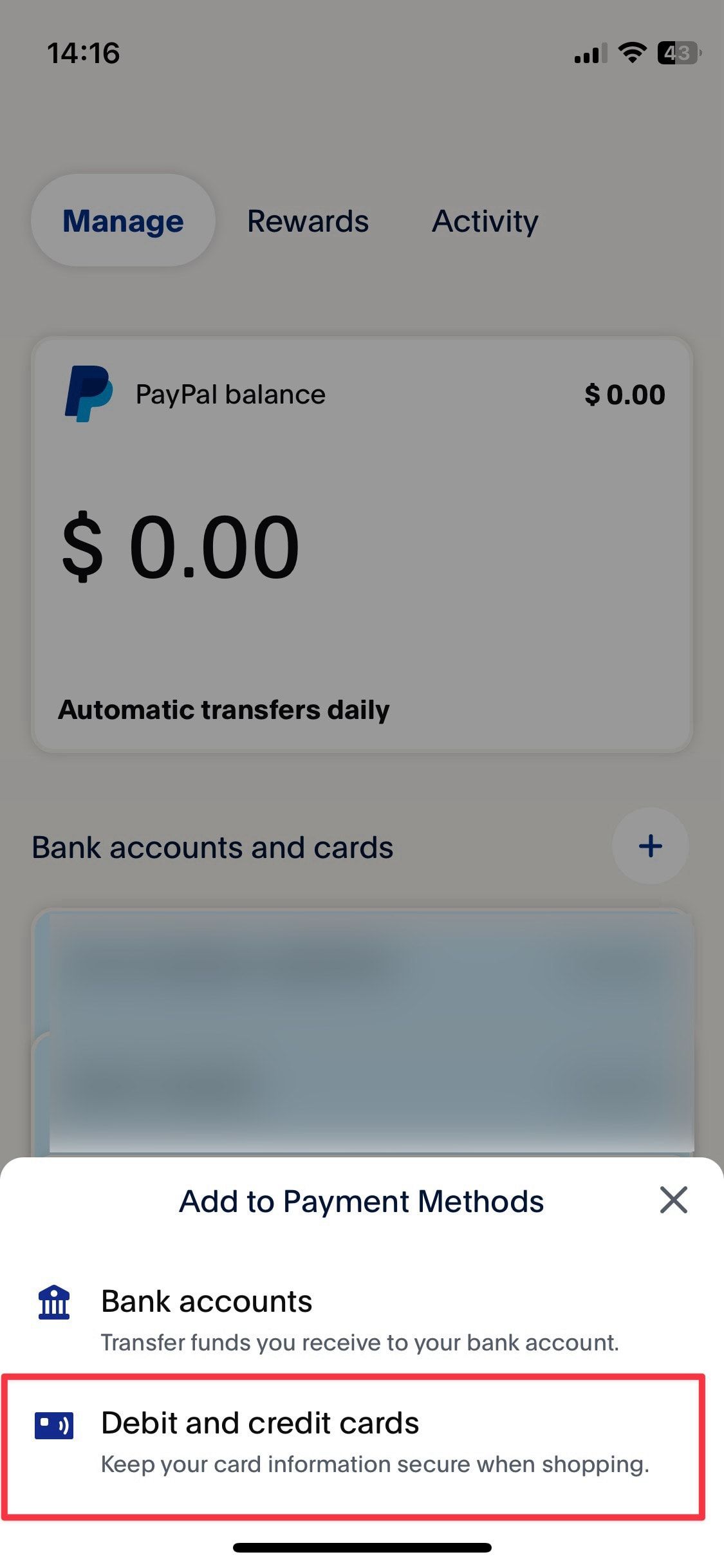 Captura de tela da página inicial do aplicativo móvel Paypal mostrando a opção de adicionar método de pagamento
