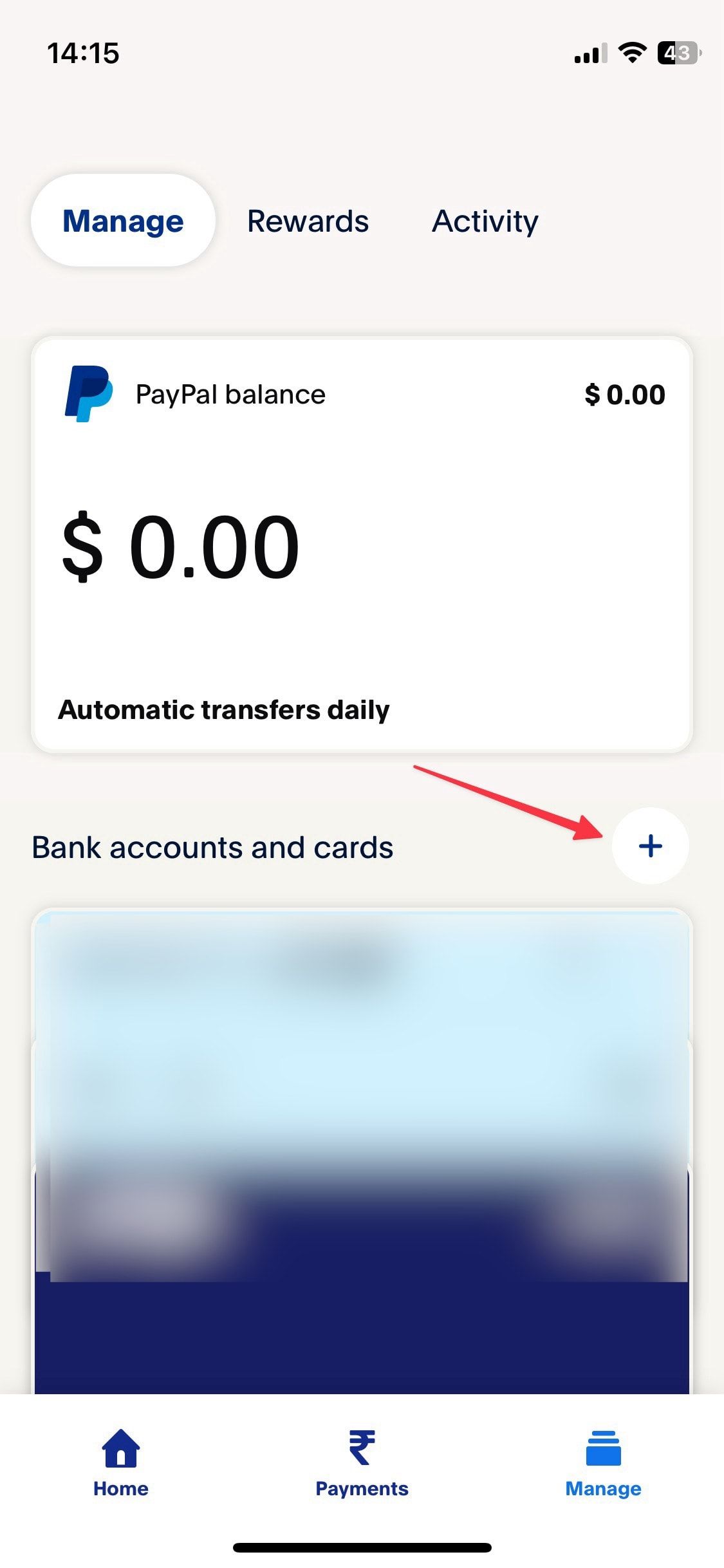 Captura de tela da página da carteira do aplicativo móvel Paypal