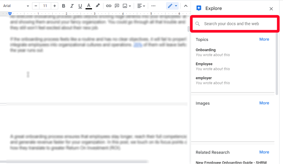 Explore a barra lateral do Google Docs mostrando a função de pesquisa