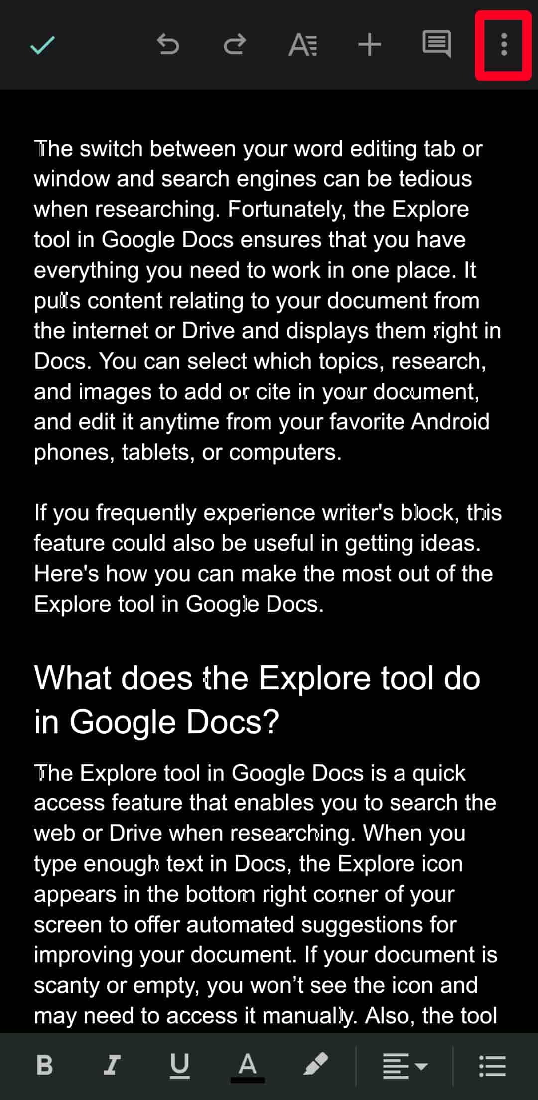 Clique no ícone do menu de três pontos no aplicativo móvel Google Docs para ver mais opções