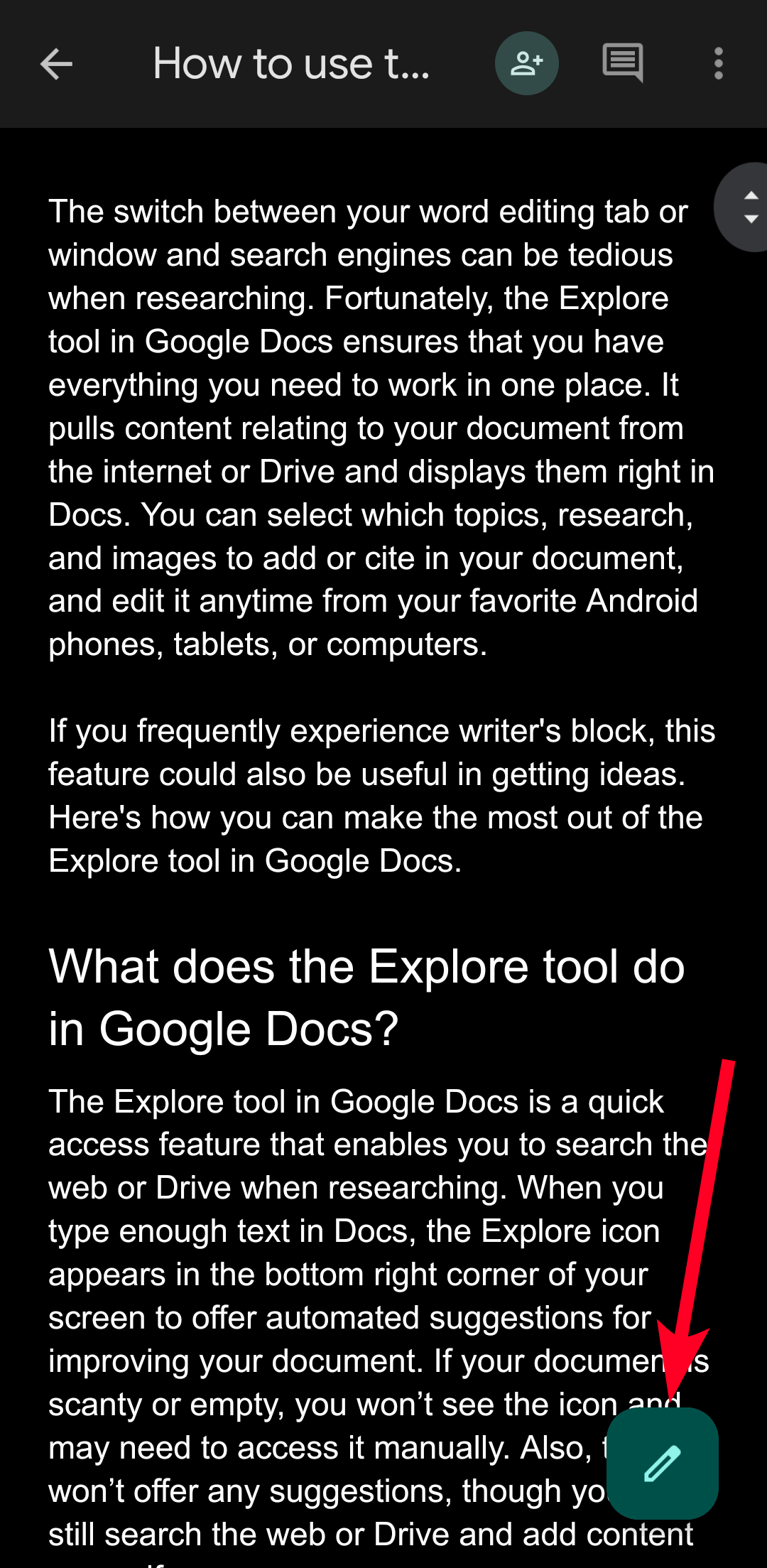 Botão da caneta para entrar no modo de edição no aplicativo Google Docs para dispositivos móveis